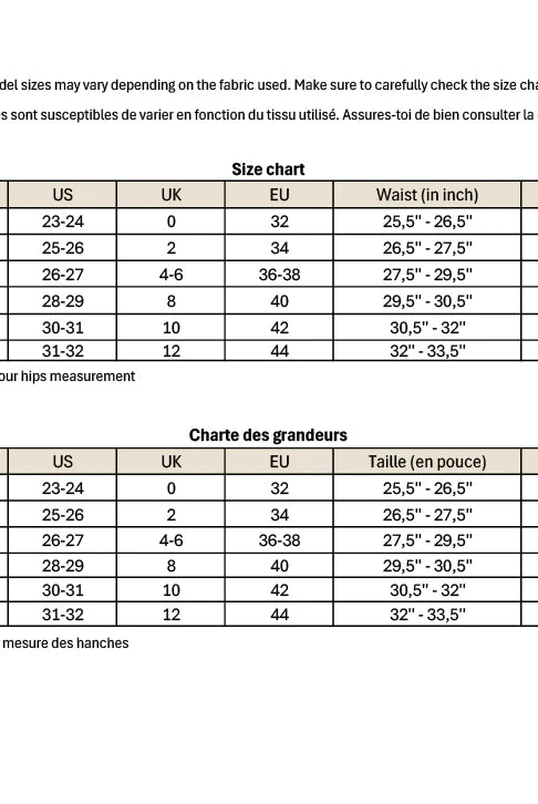Size chart for clothing measurements in US, UK, and EU with waist and hip dimensions.