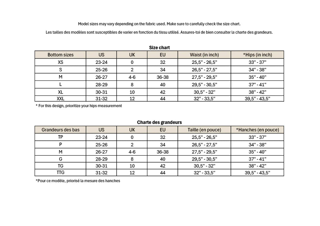 Size chart for clothing measurements in US, UK, and EU with waist and hip dimensions.