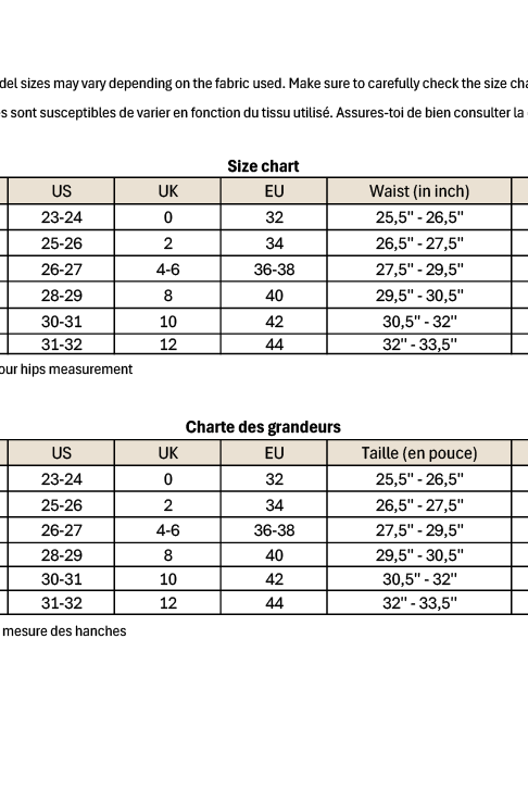 the size chart available in french and english.