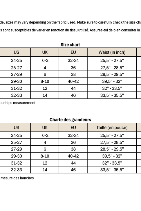 The size chart of the Alfred available in french and in English.