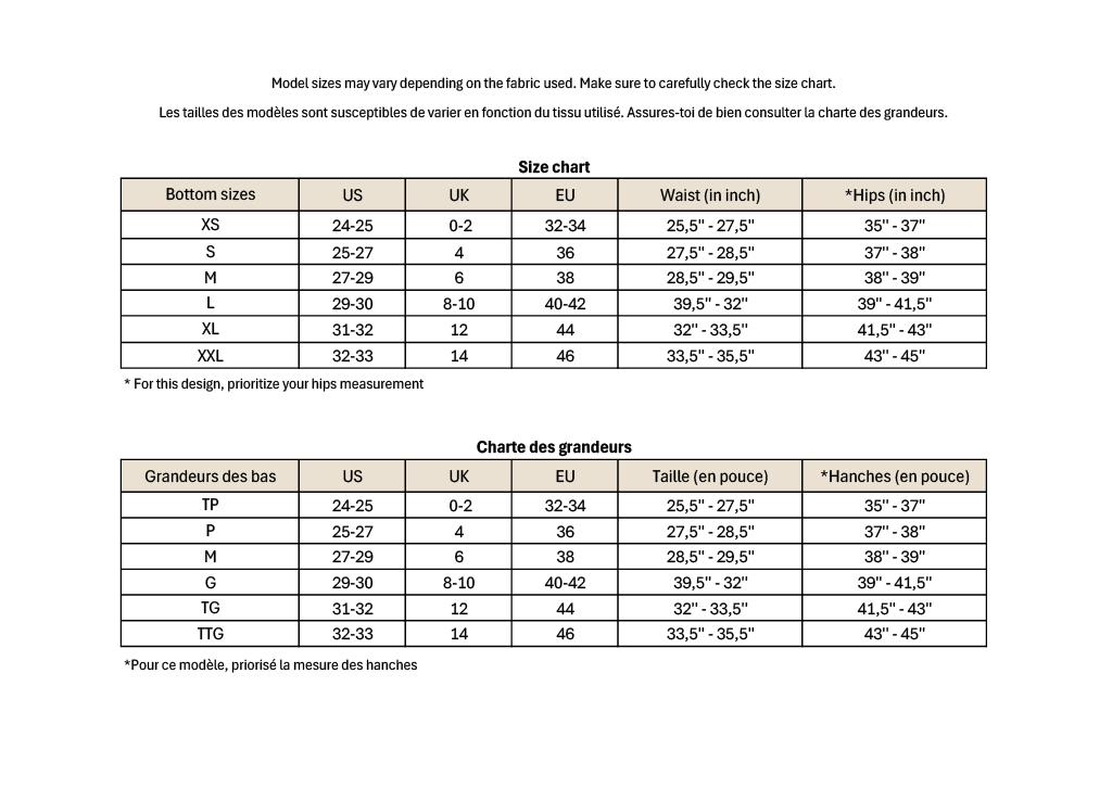 The size chart of the Alfred available in french and in English.