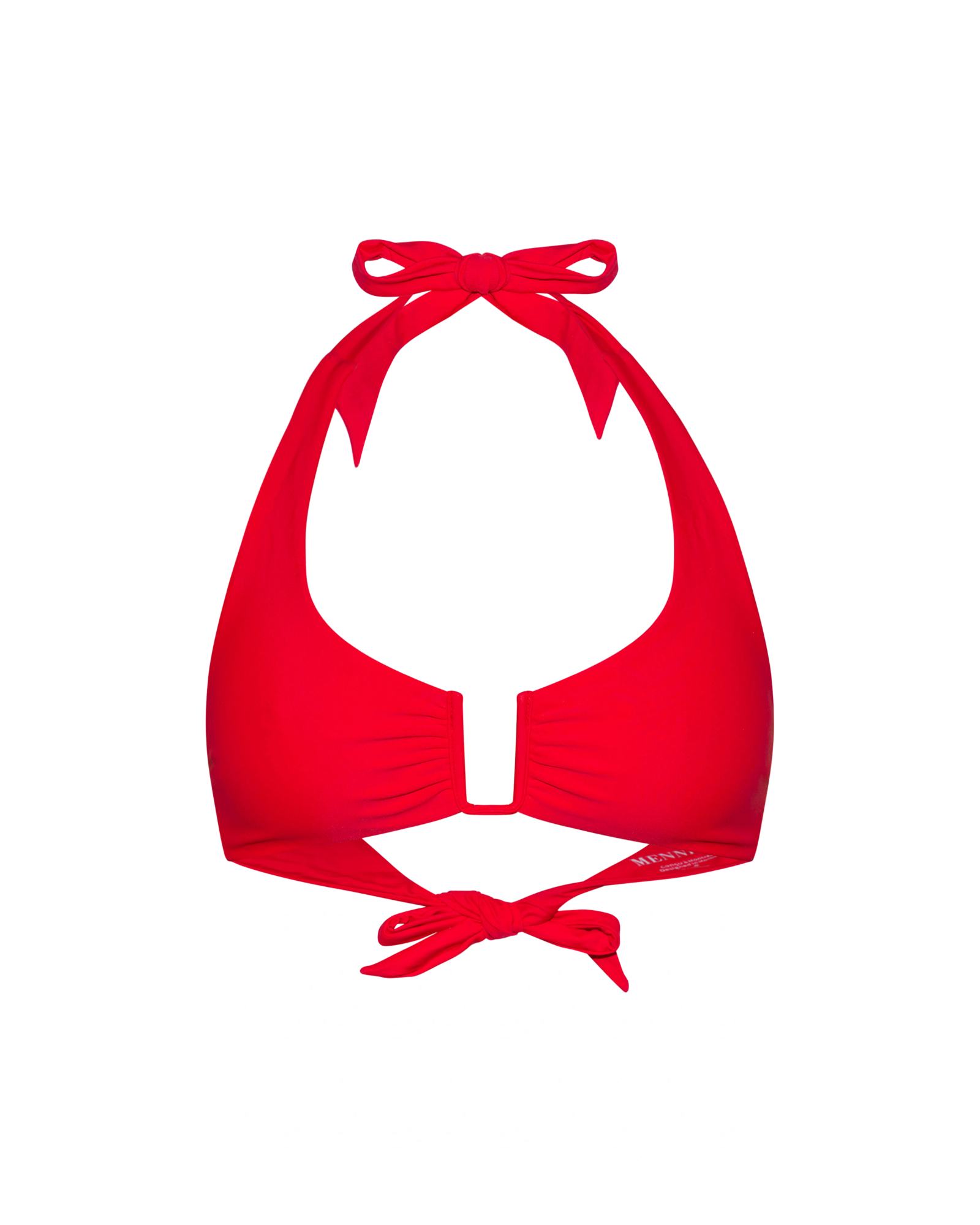 Red bikini top with halter neck design on a white background