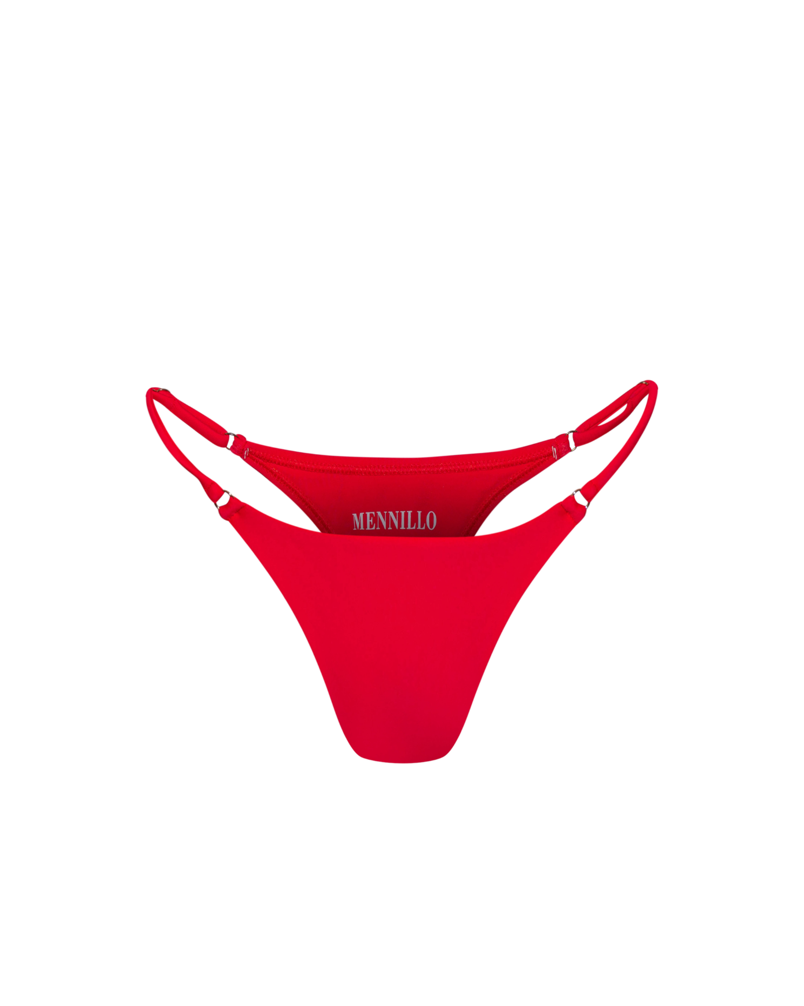 Red thong bikini bottom with 'Mennello' branding on a white background