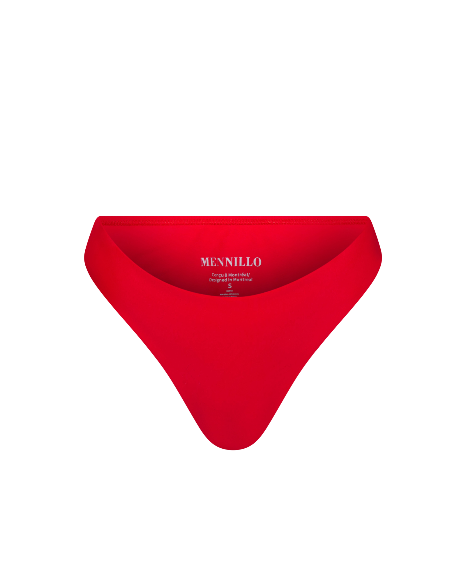 Red bikini bottom with 'Mennillo' branding on a white background