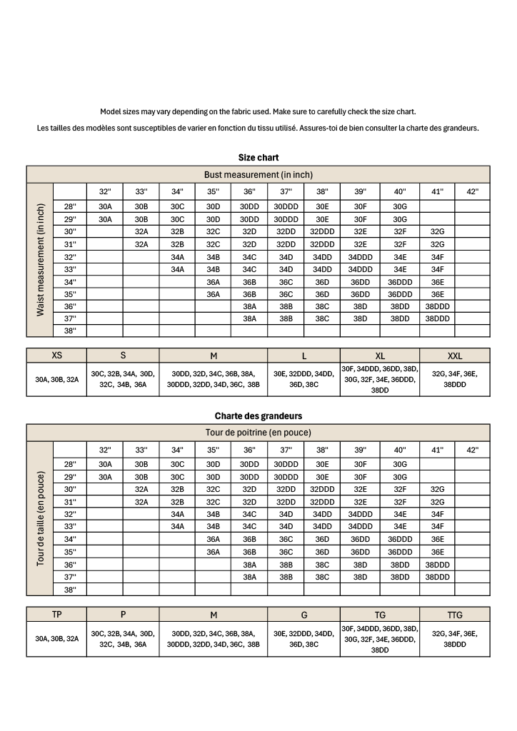 The size chart for the Hailey top, available in both French and English