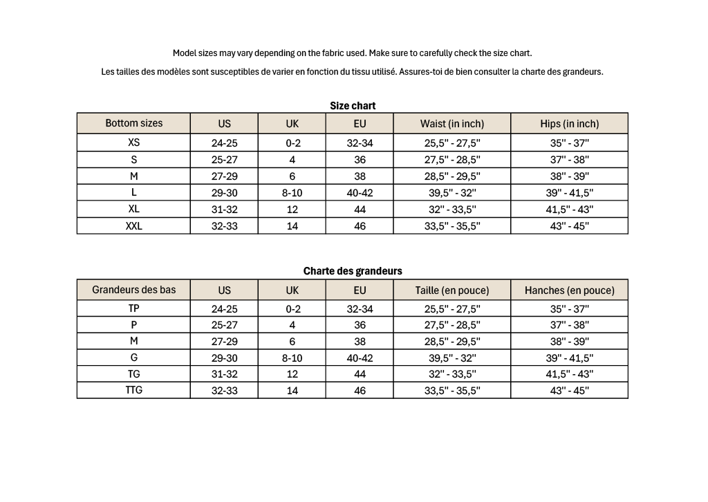 Size charts in French and in English for the Rae bikini bottom.