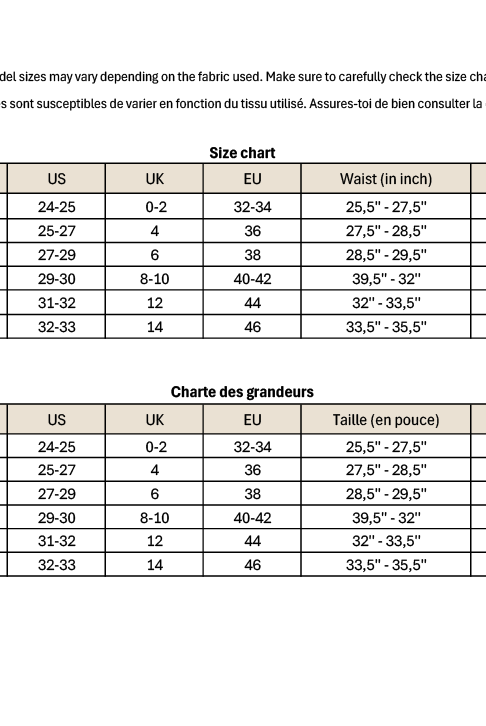 The size chart for the Rae available in french and in english.