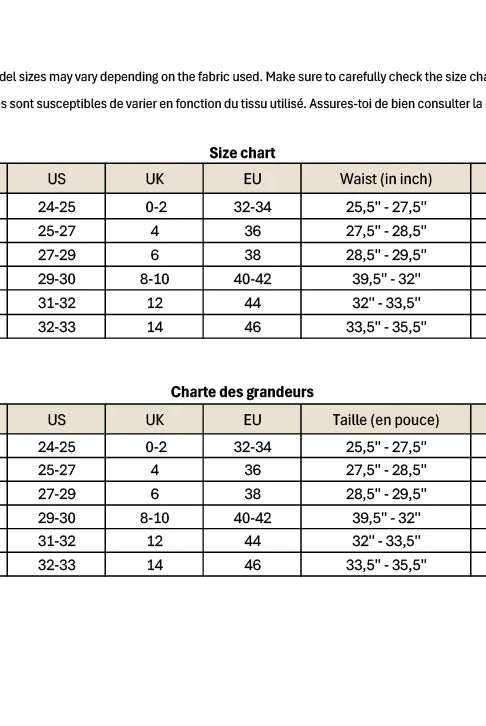 Size chart for clothing with measurements in inches and centimeters