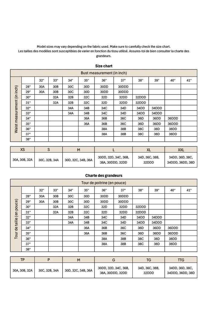 Size chart for clothing measurements in inches and centimeters on a white background