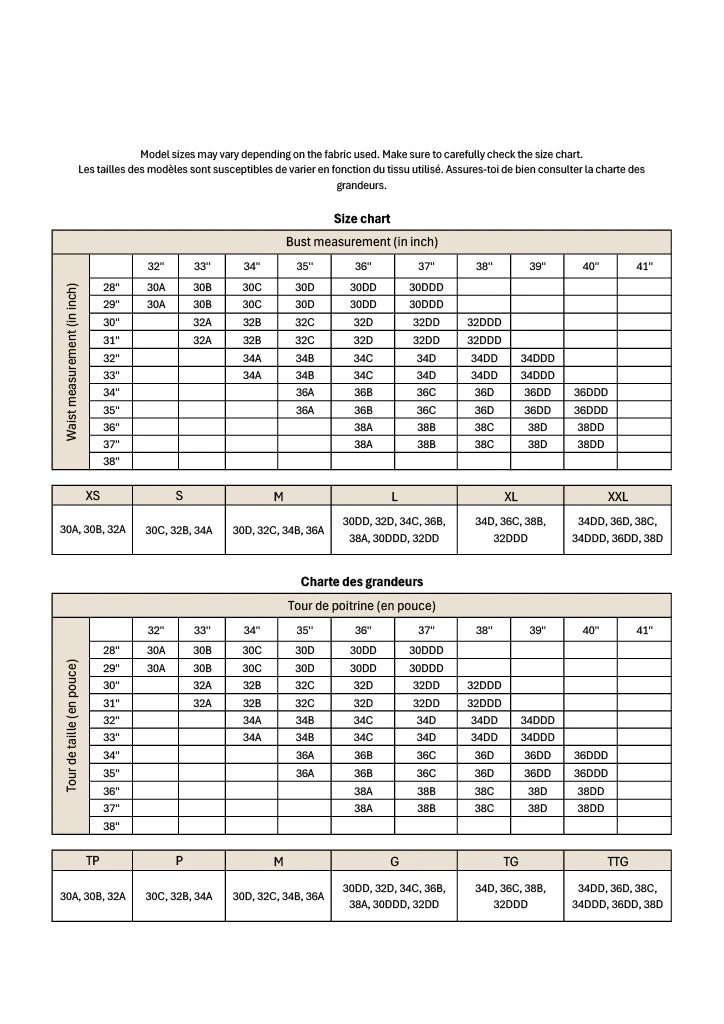Size chart for clothing measurements in inches and centimeters on a white background