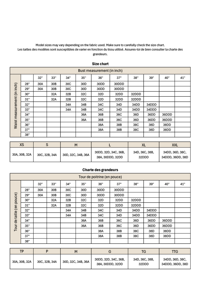 Swimsuit top size chart with underbust measurements in inches and bra size comparisons