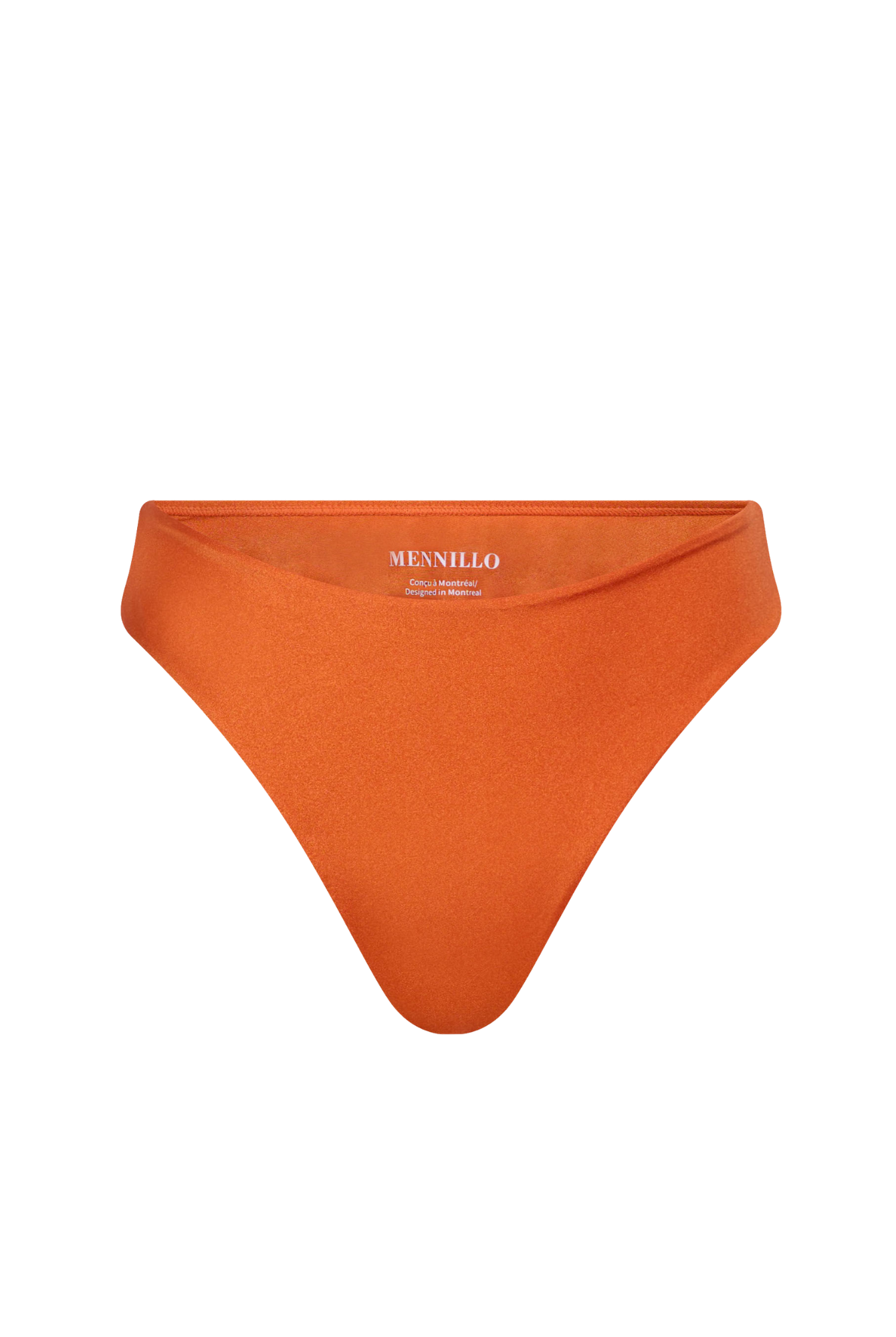 Orange bikini bottom with 'MENILLO' branding on a white background