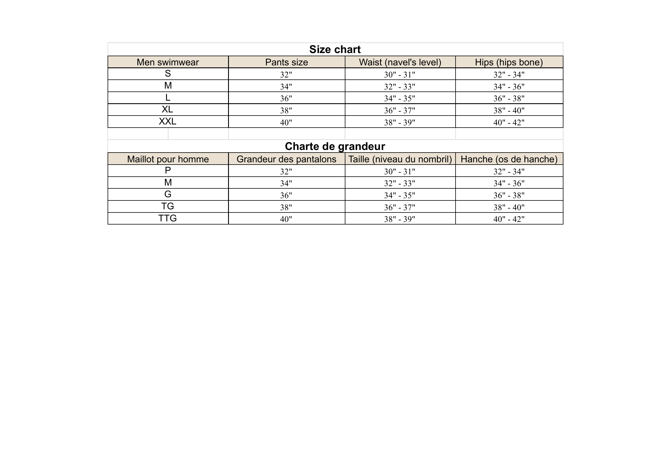 Size chart for men's swimwear pants with waist and hip measurements.