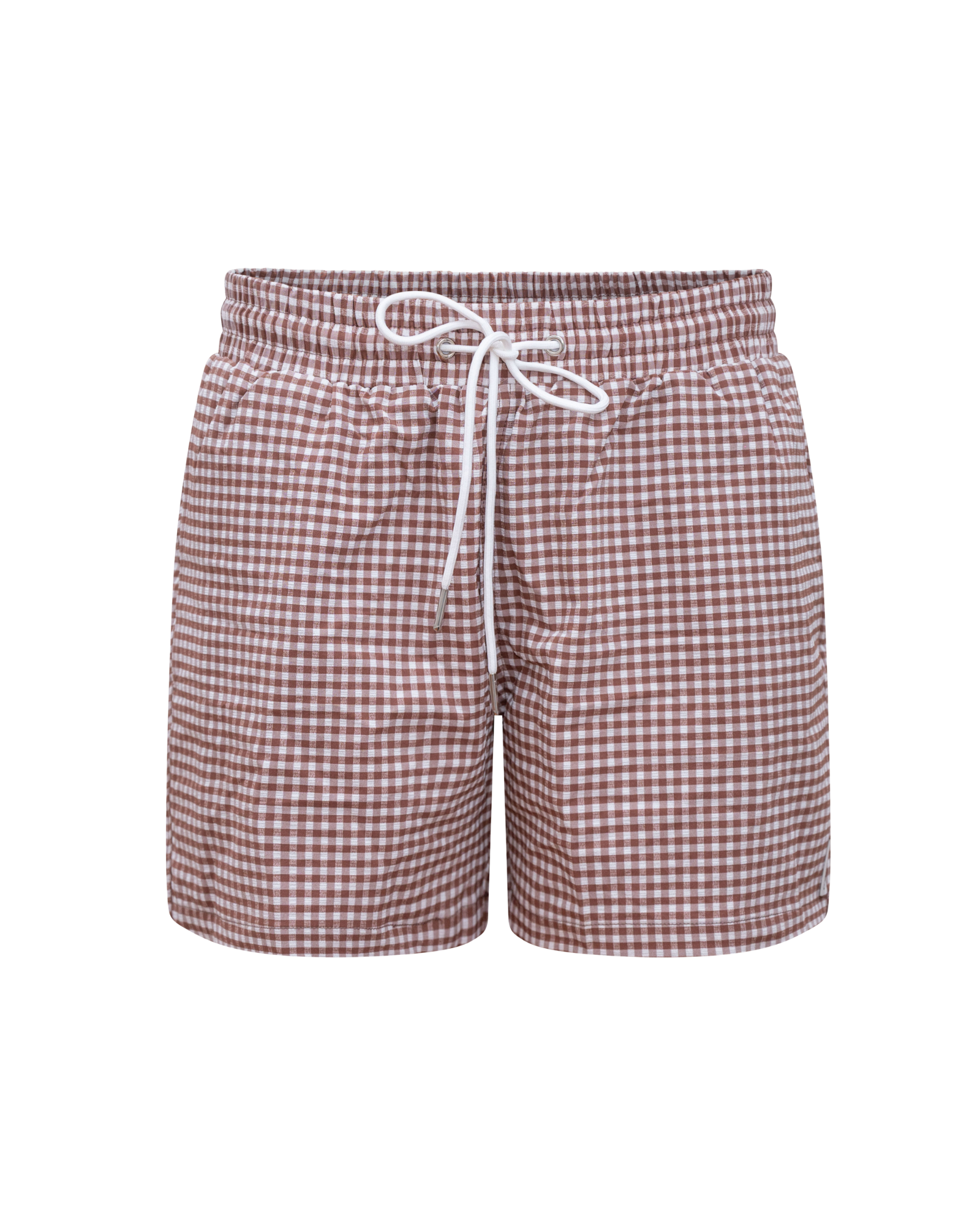 Brown and white checkered drawstring shorts on a white background from a Canadian brand.