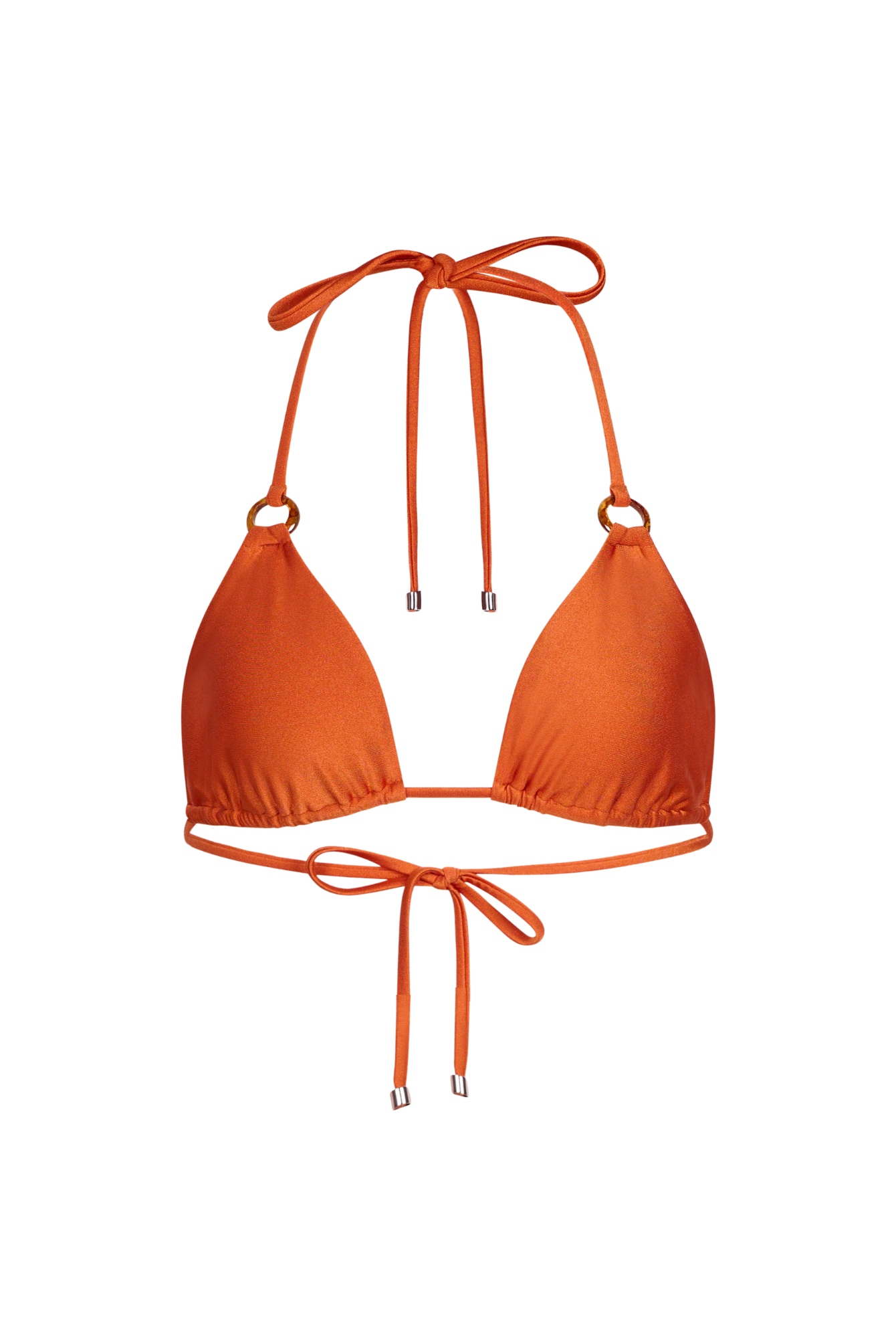 Orange bikini top with thin straps on a white background