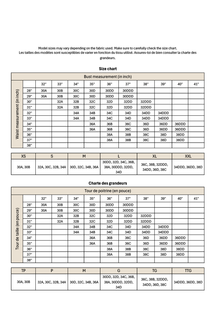 The size chart available in French and English for the Layla and Tiana top.