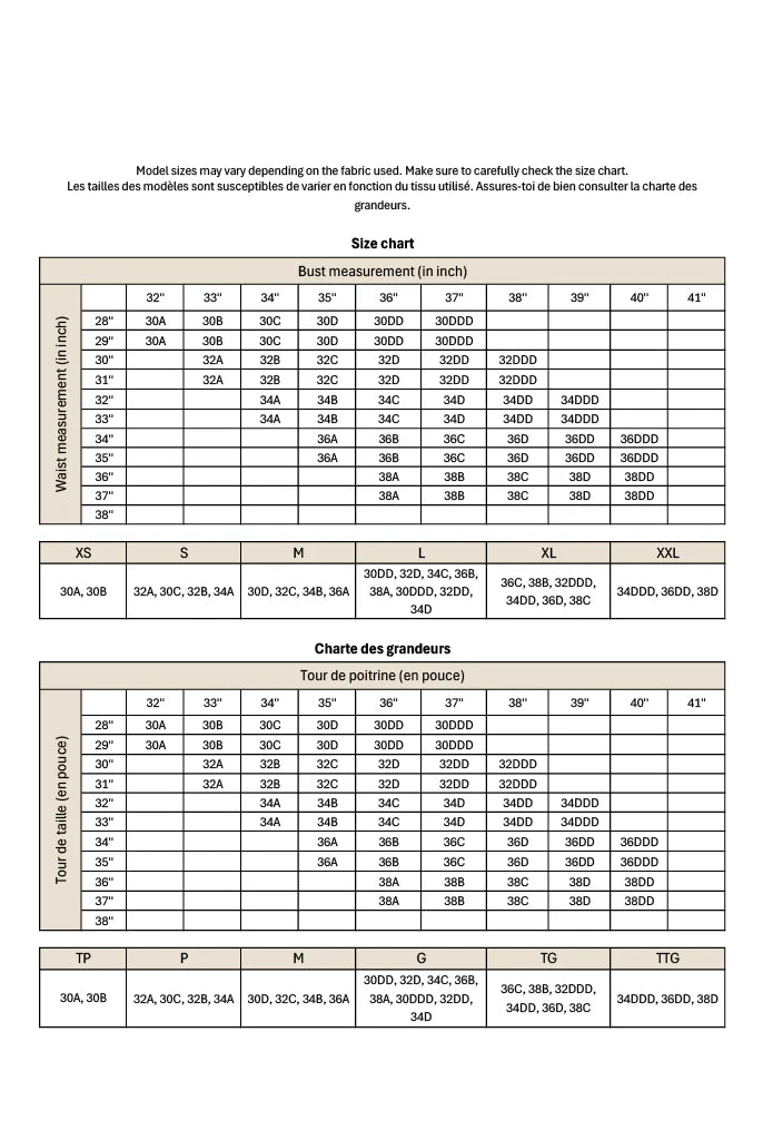 Size chart for fabric measurements in inches and centimeters on a white background