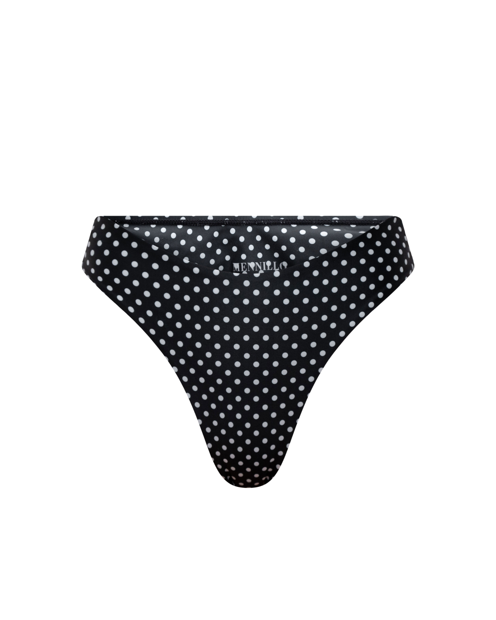 Black polka dot bikini bottom on a white background