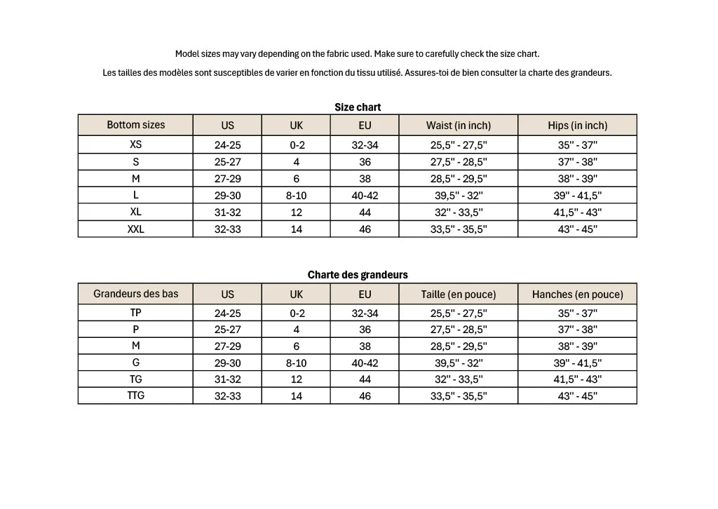 Size chart for clothing with measurements in inches and centimeters