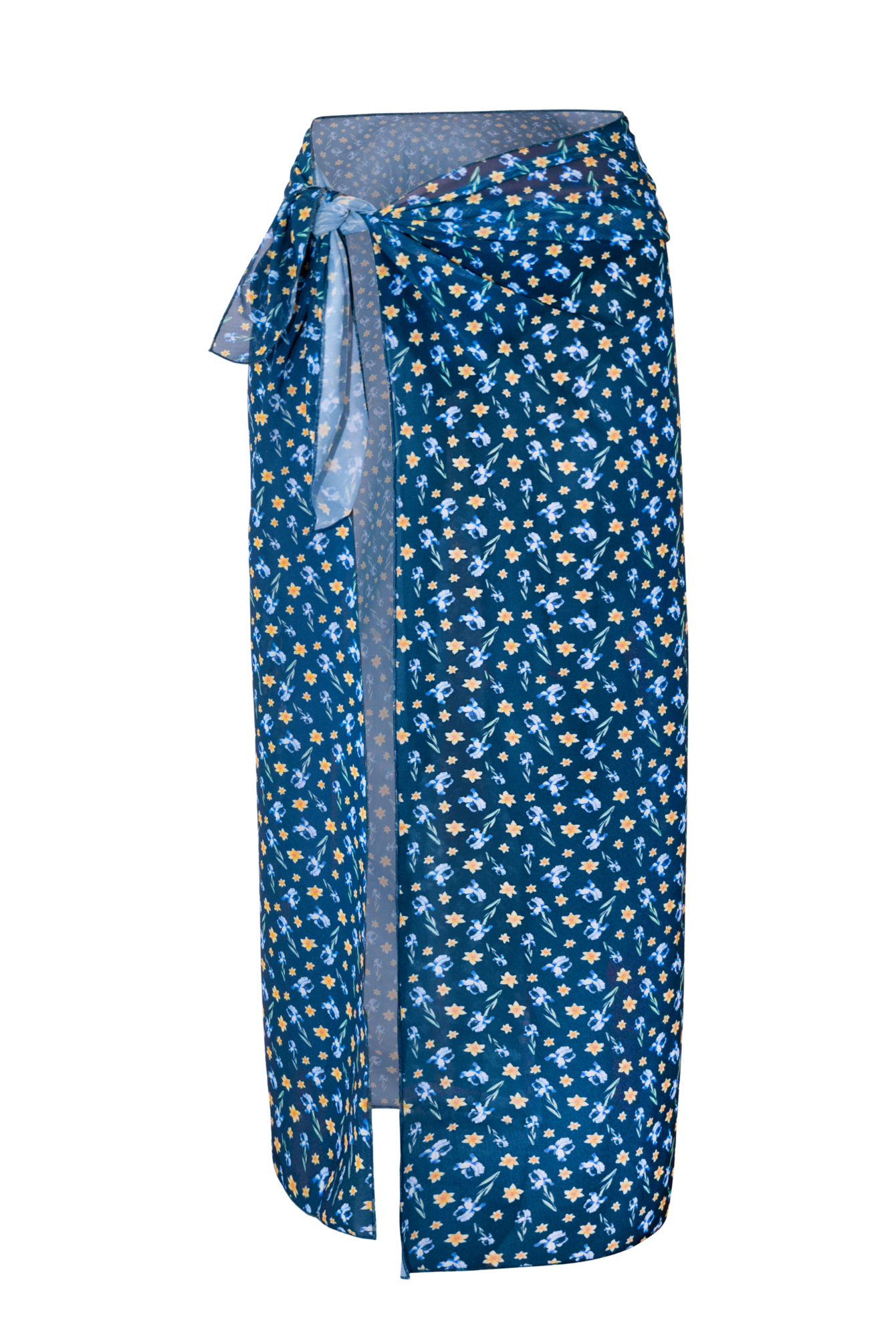 Blooming blue print sarong sarong with a bow on a white background