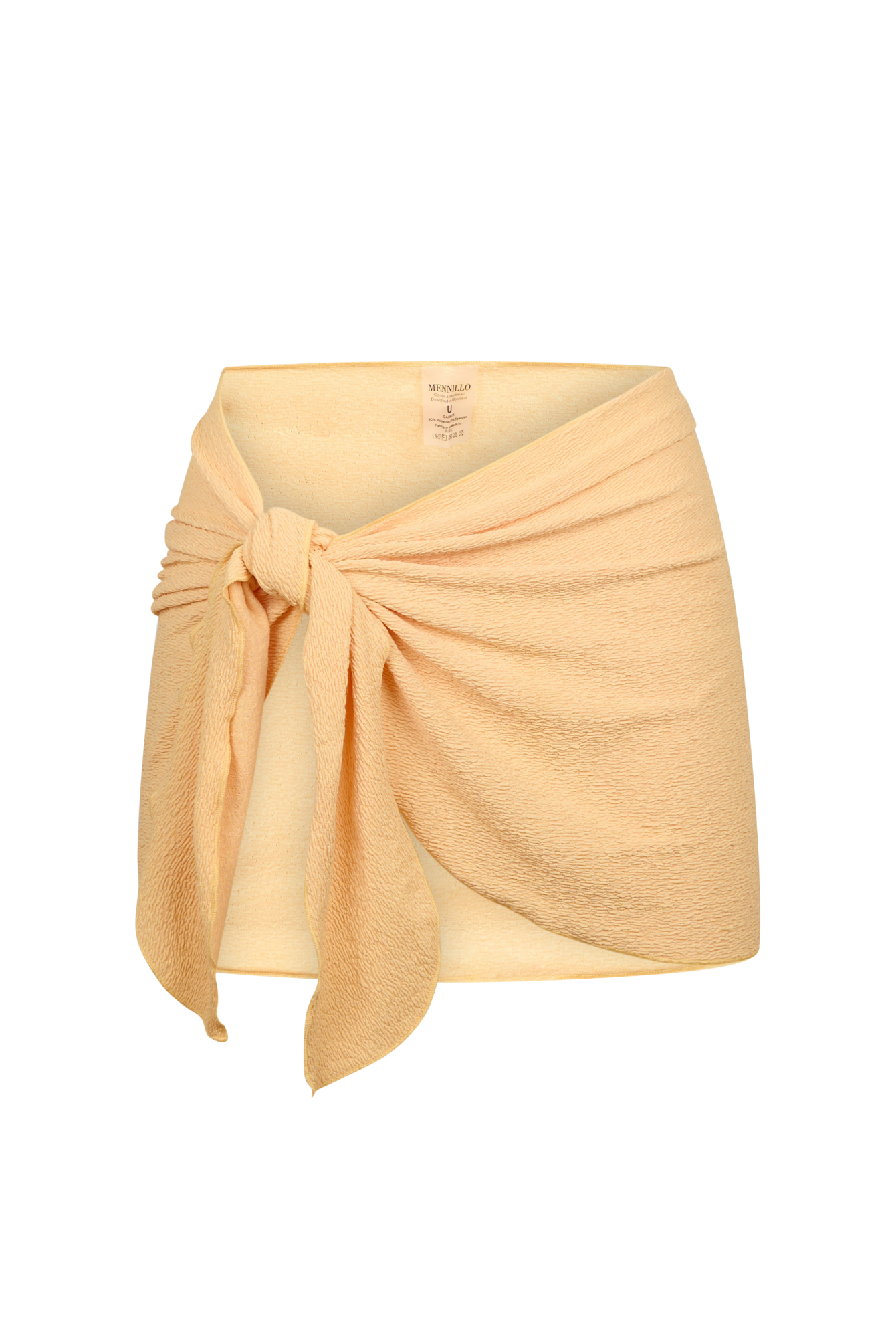 Yellow crinkle beach pareo with front knot on white background