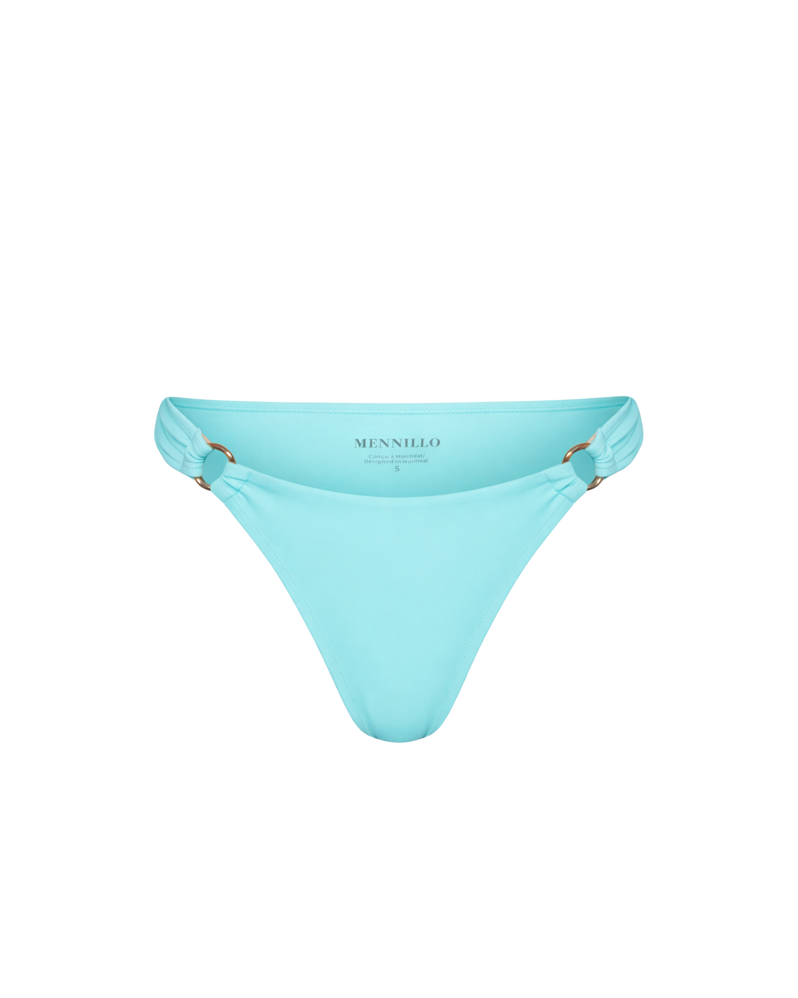 Turquoise bikini bottom with brand name on a white background