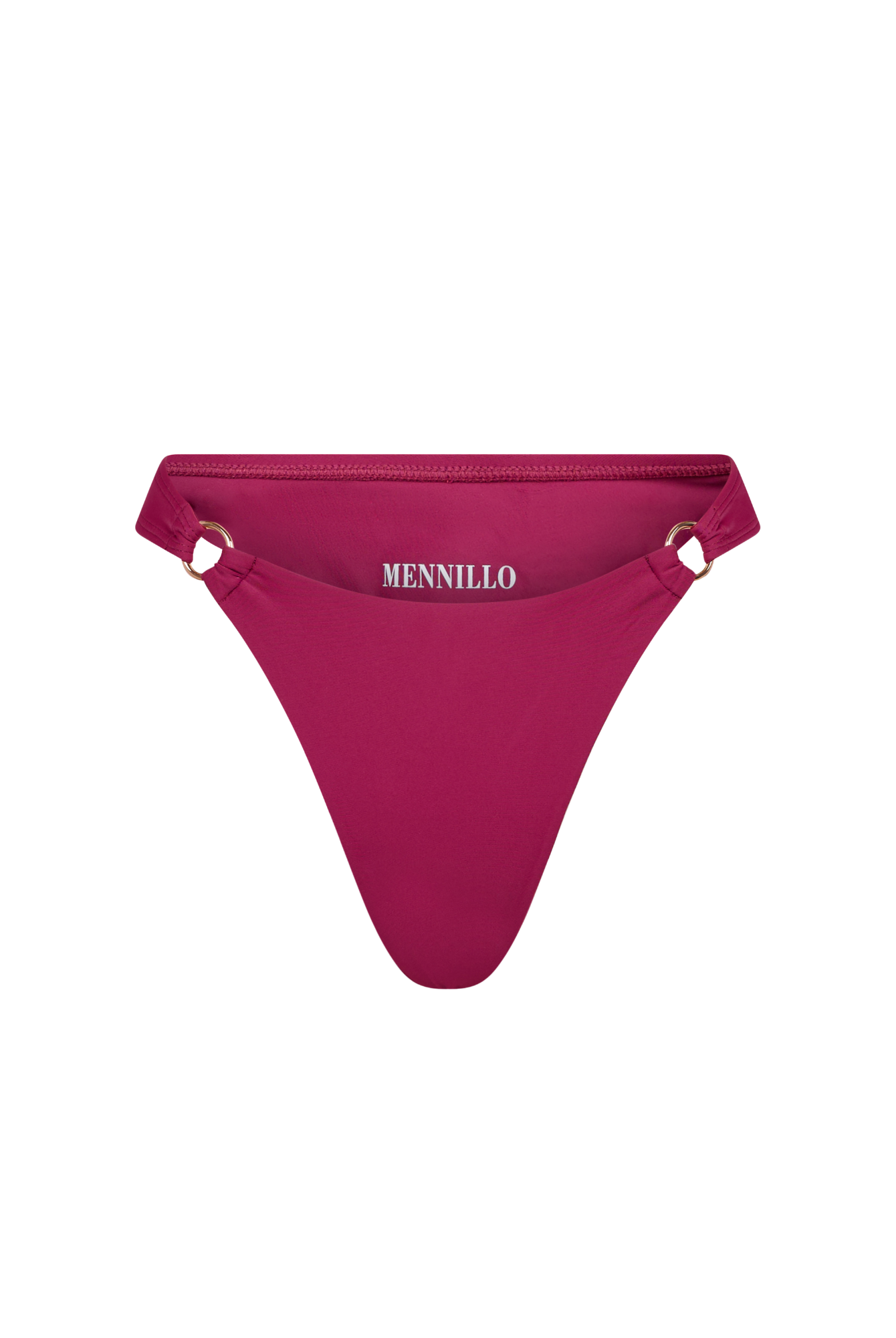 Raspberry cherry matte bikini bottom with 'MENNILLO' branding on a white background