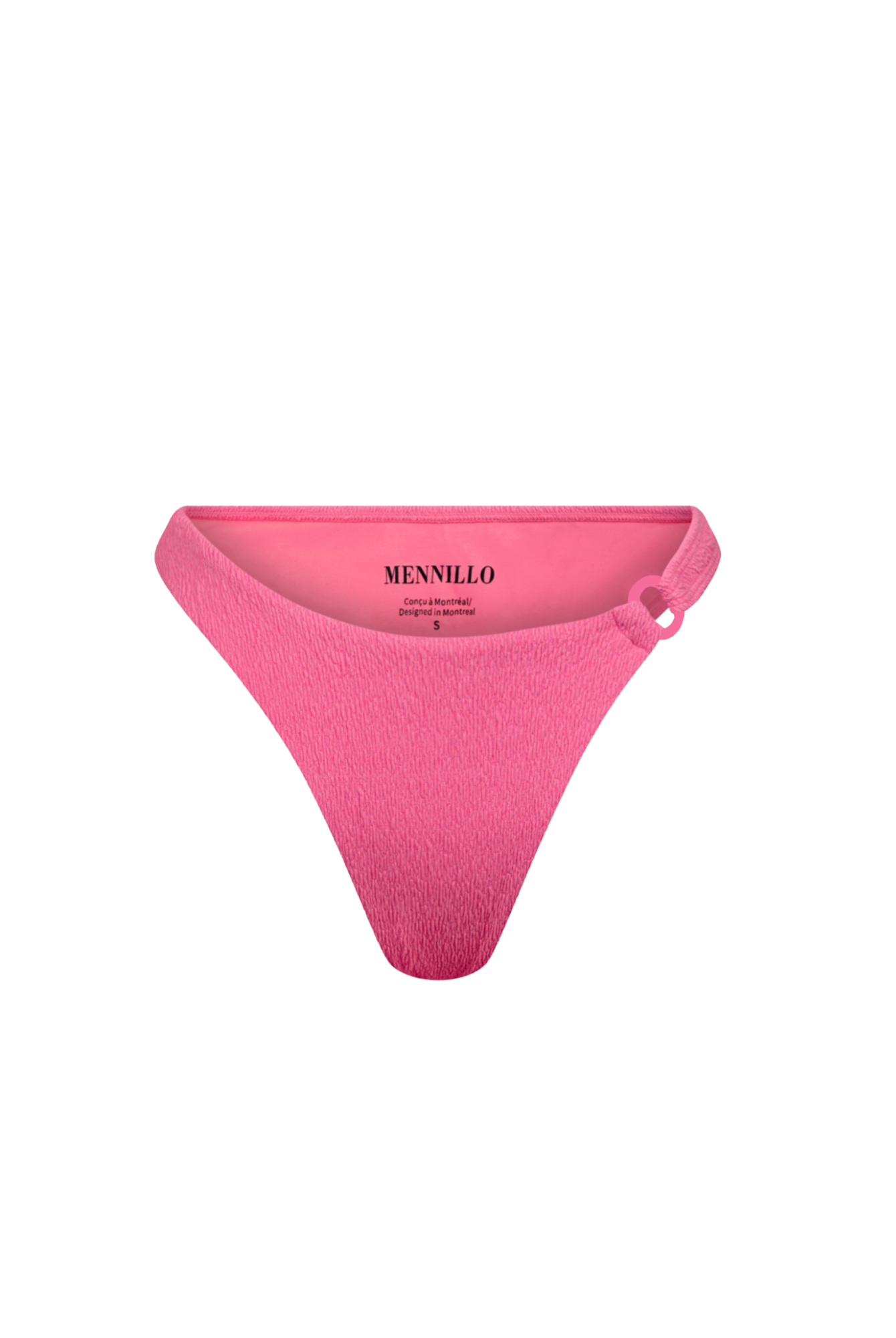 Pink bikini bottom with 'Mennillo' branding on a white background