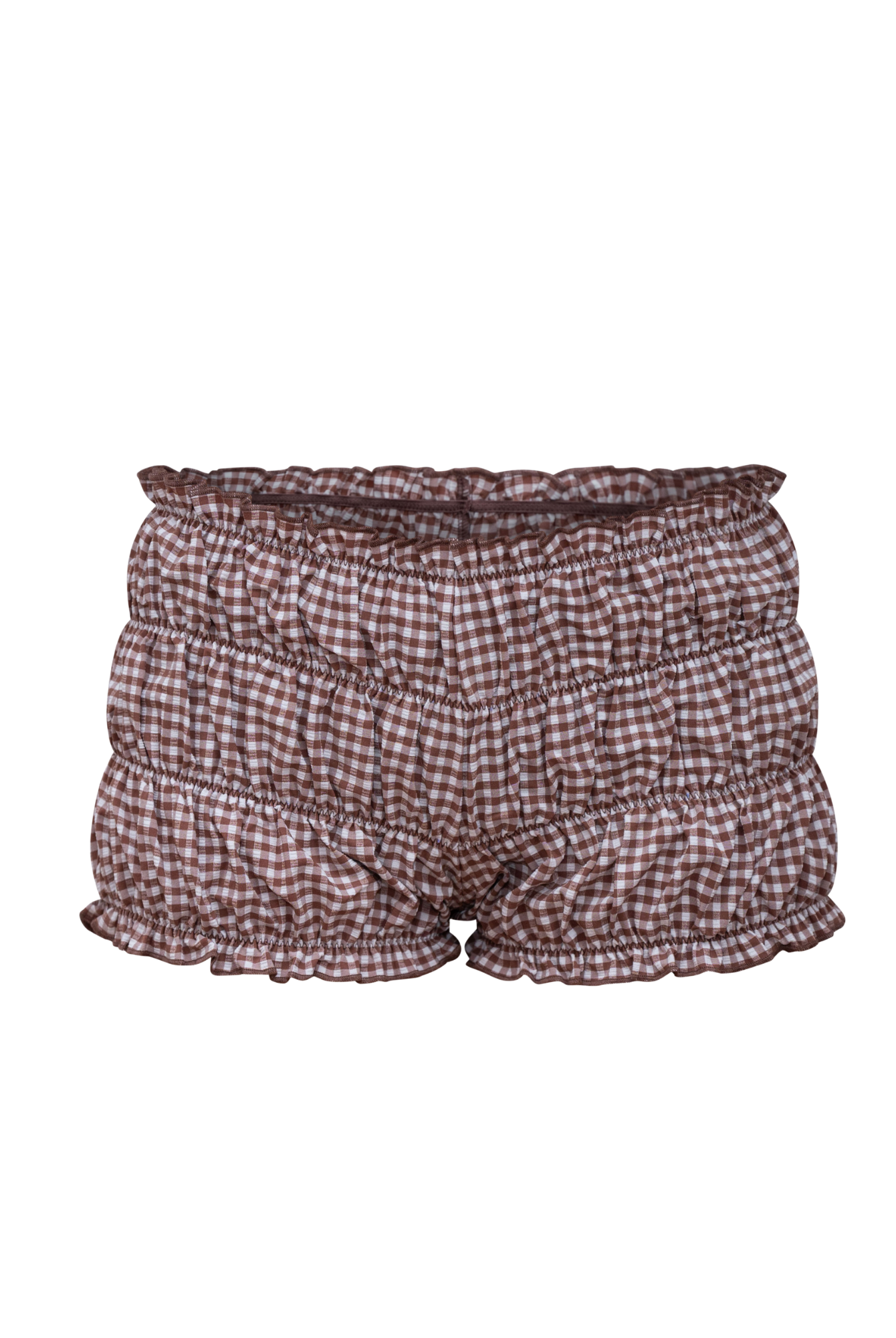 Brown checkered shorts in a stylish design, showcased on a white background.