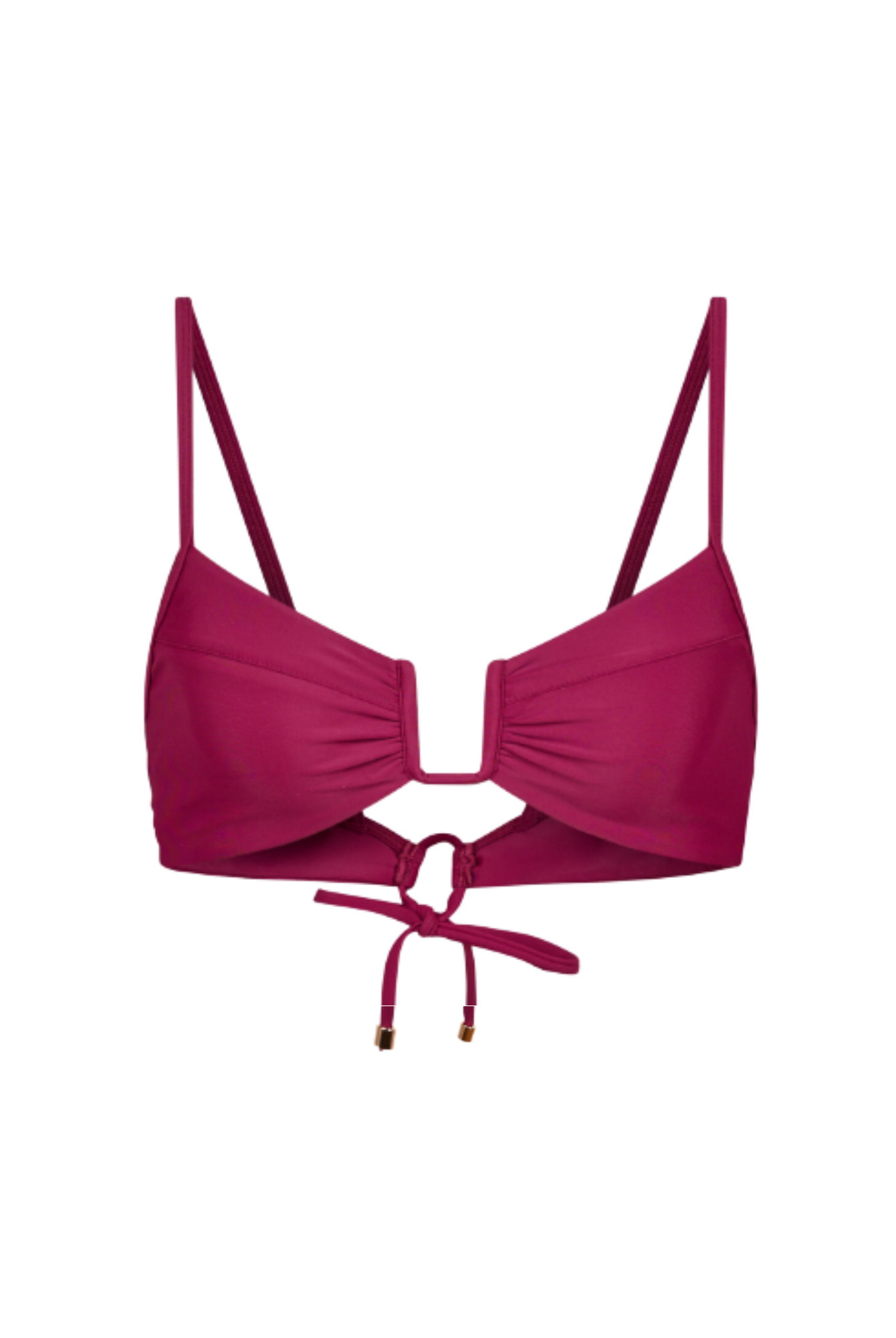 Raspberry cherry matte bikini top with thin straps on a white background