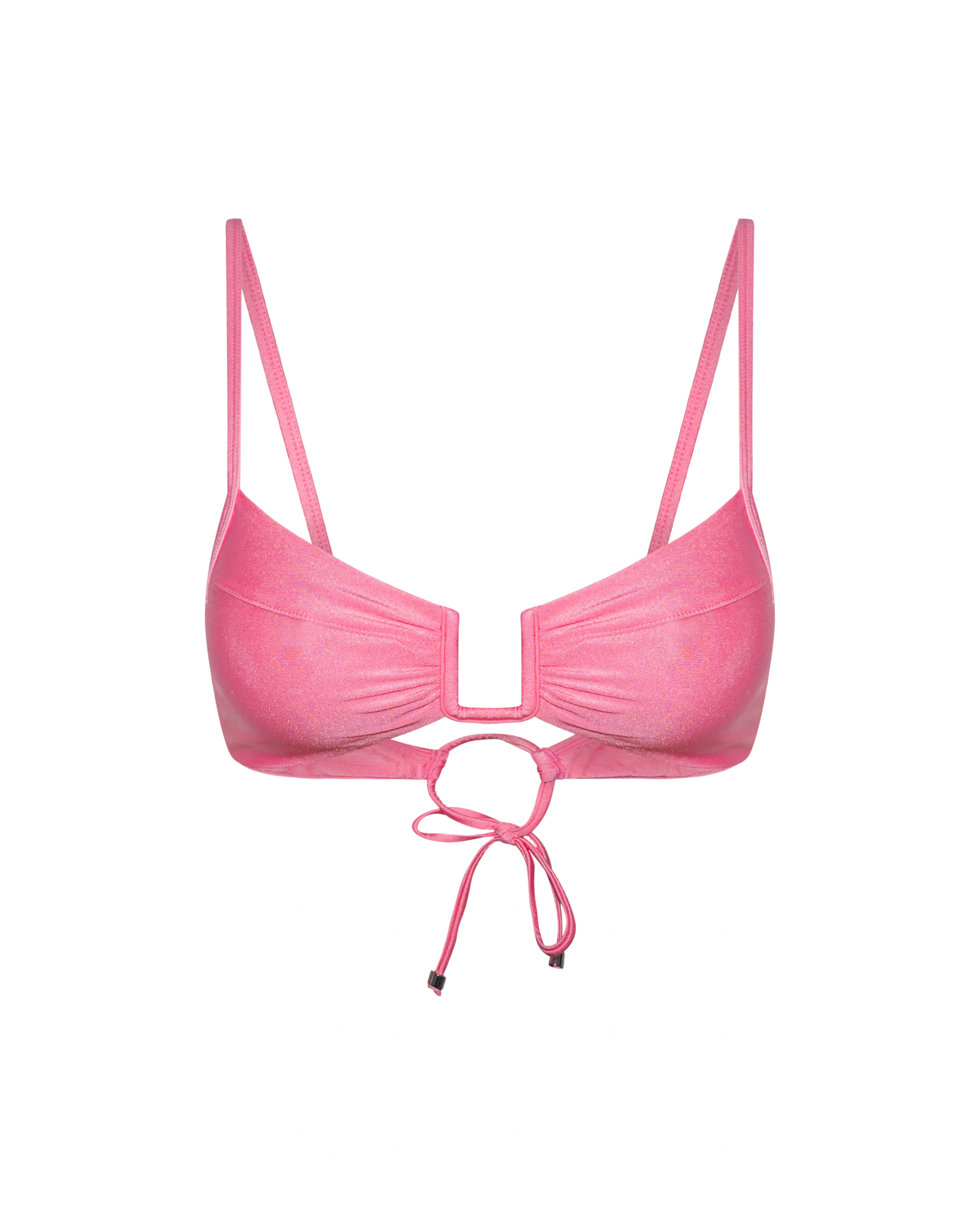 Shiny pink bikini top with a U-shape design