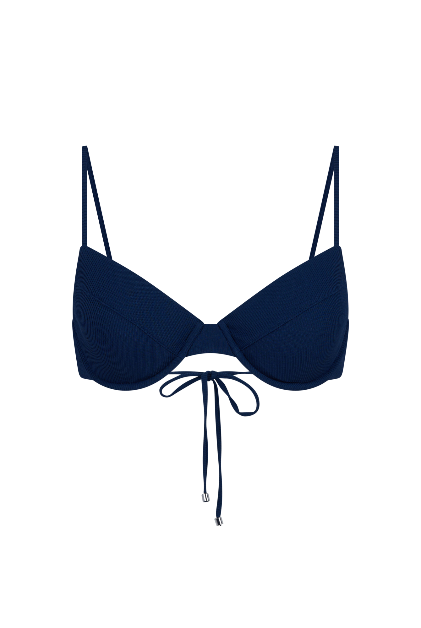 Navy blue bikini top with thin straps on a white background