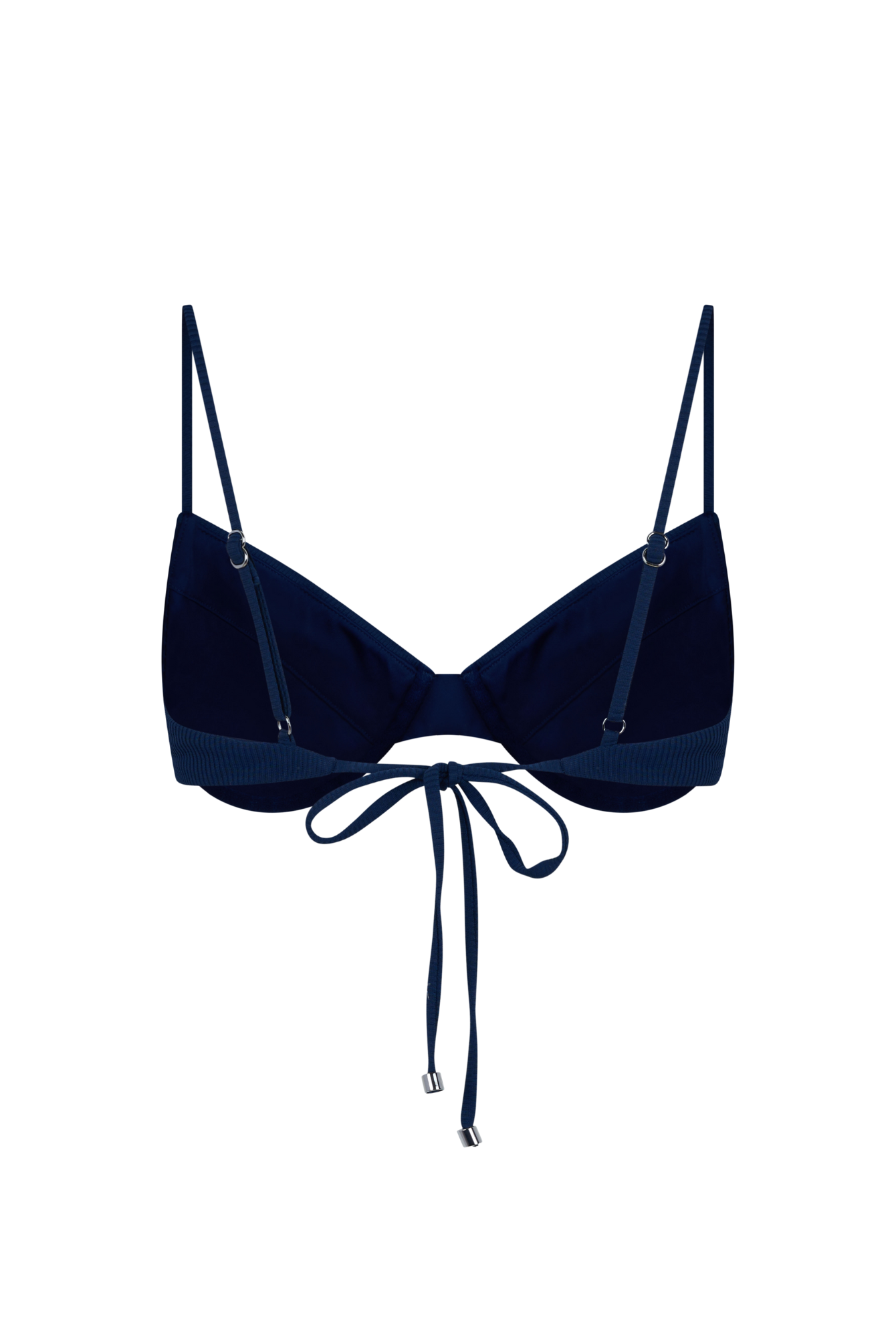 Navy blue bikini top with thin straps on a white background