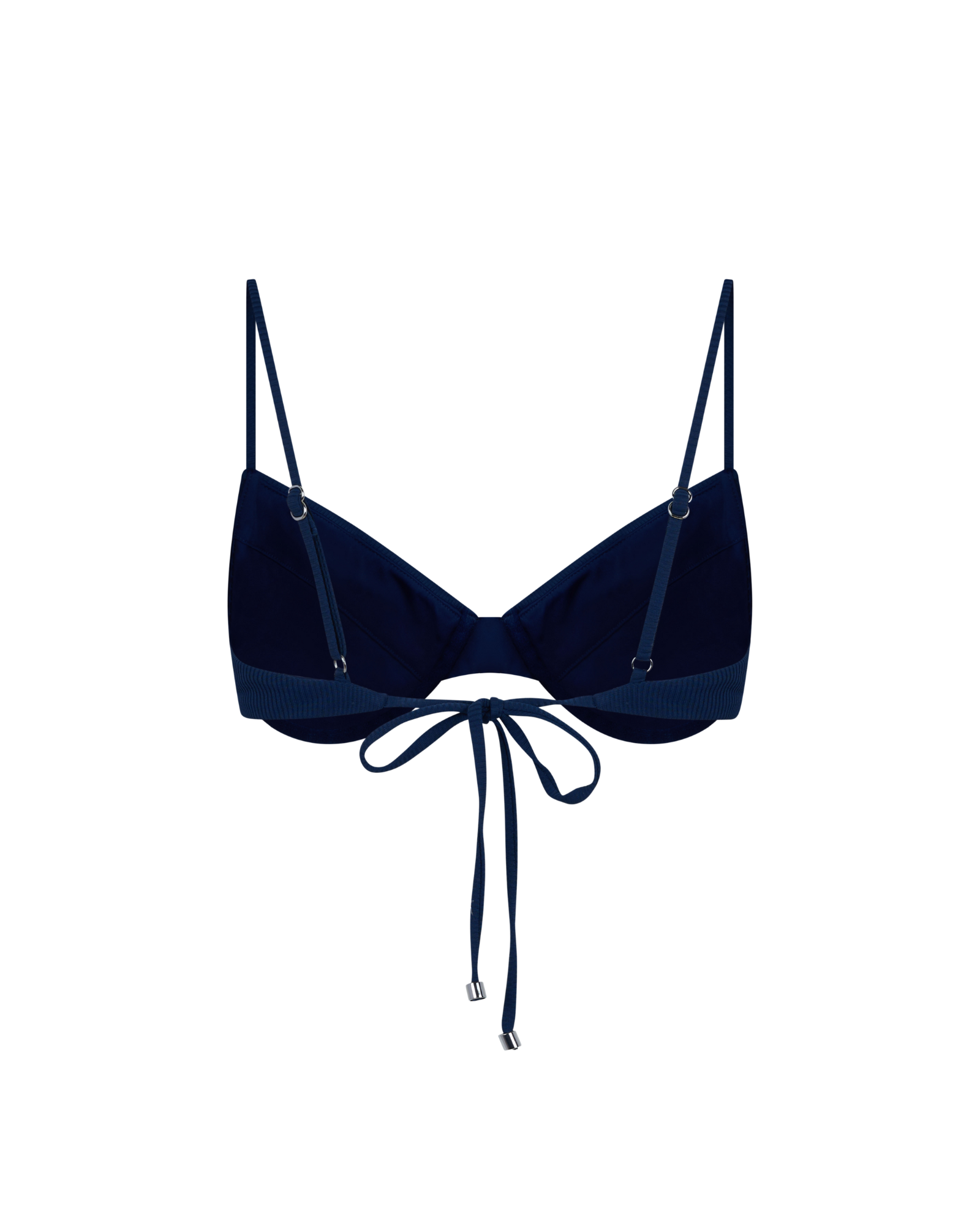 Haut de bikini bleu marine à fines bretelles sur fond blanc.