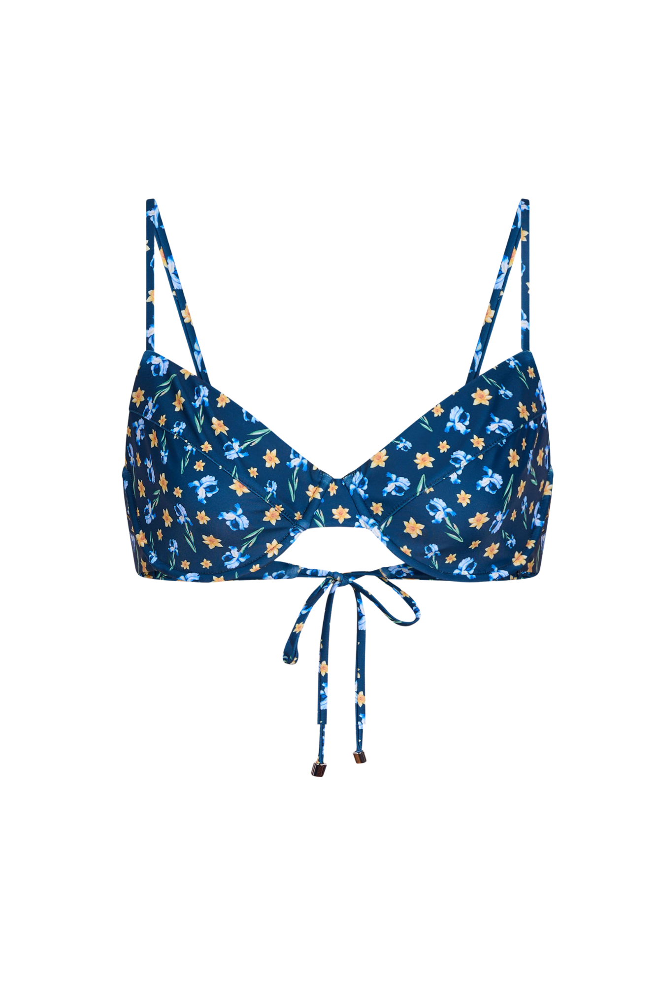 Close up picture of bikini top blooming blue with white background