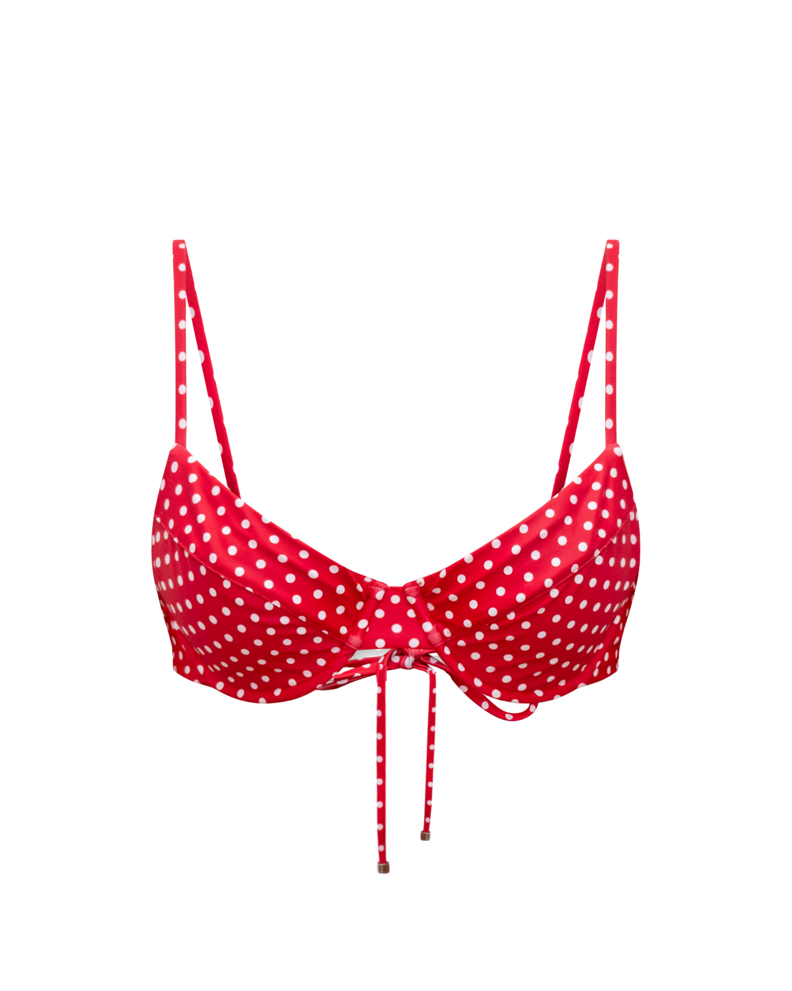 Red polka dot balconette bikini top render on a white background