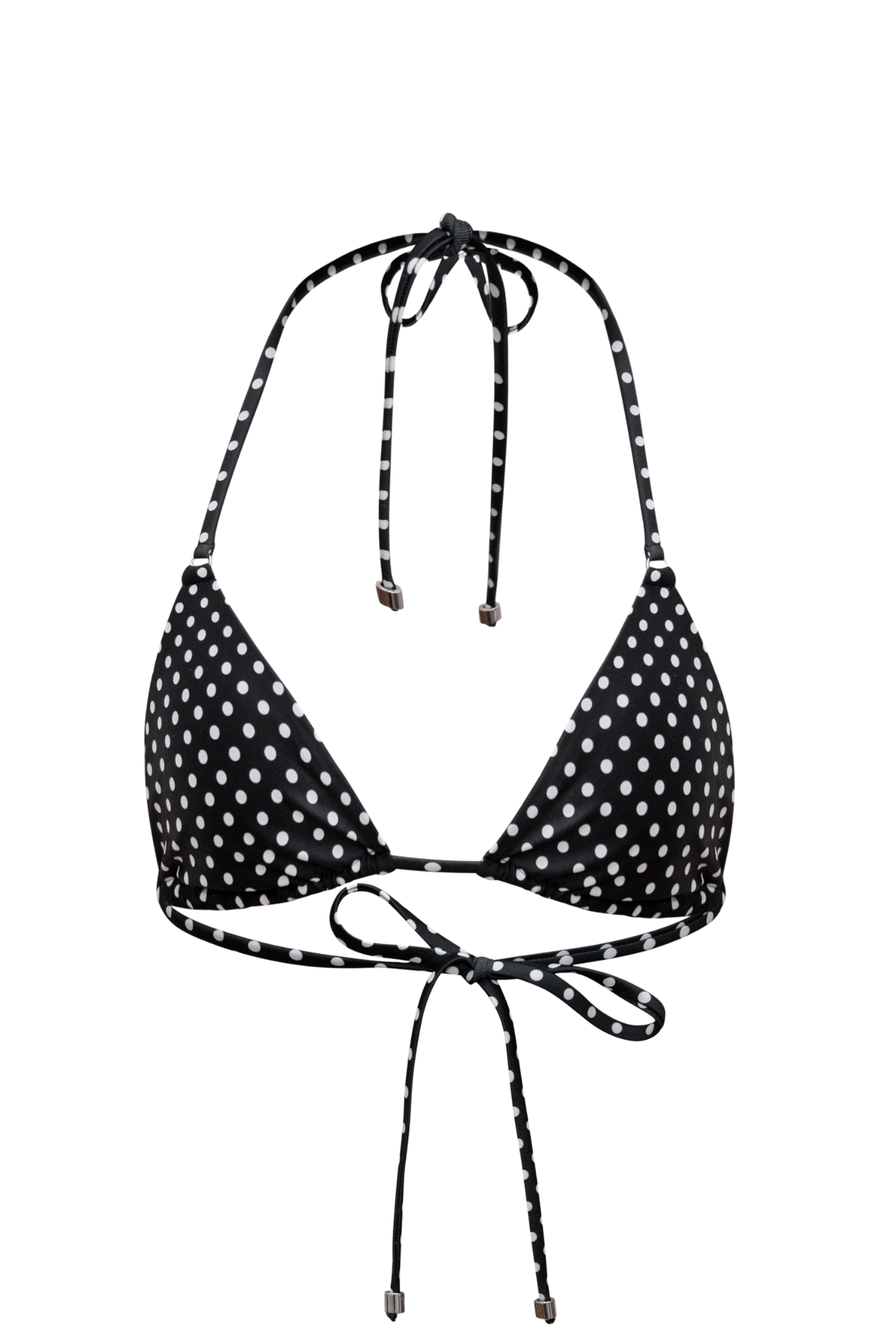 Black and white polka dot triangle spaghetti string bikini top render with silver hardware on a white background