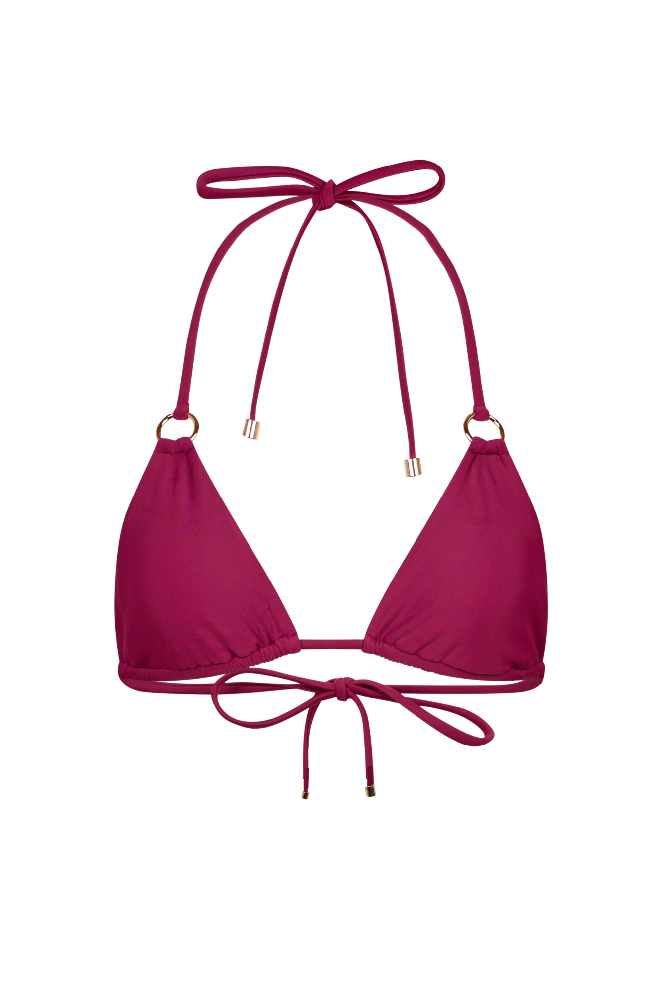 Raspberry cherry matte triangle bikini top with straps on a white background