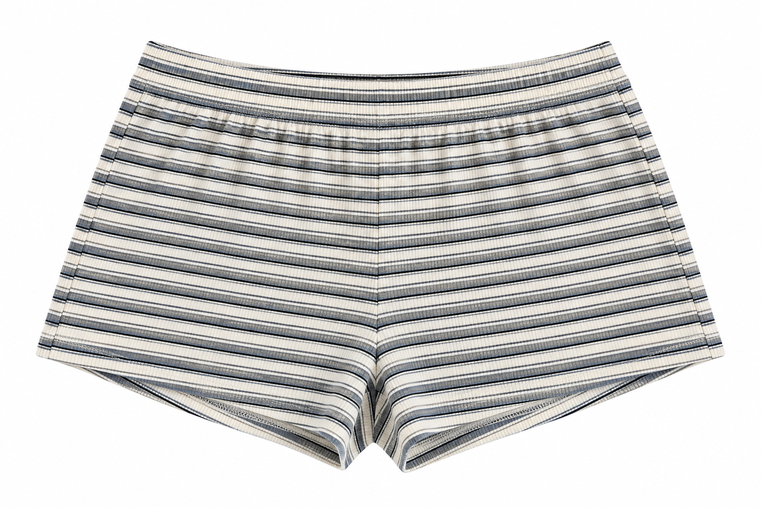 A pair of women's shorts featuring a horizontal striped pattern in gray, and off-white, displayed flat against a white background.
