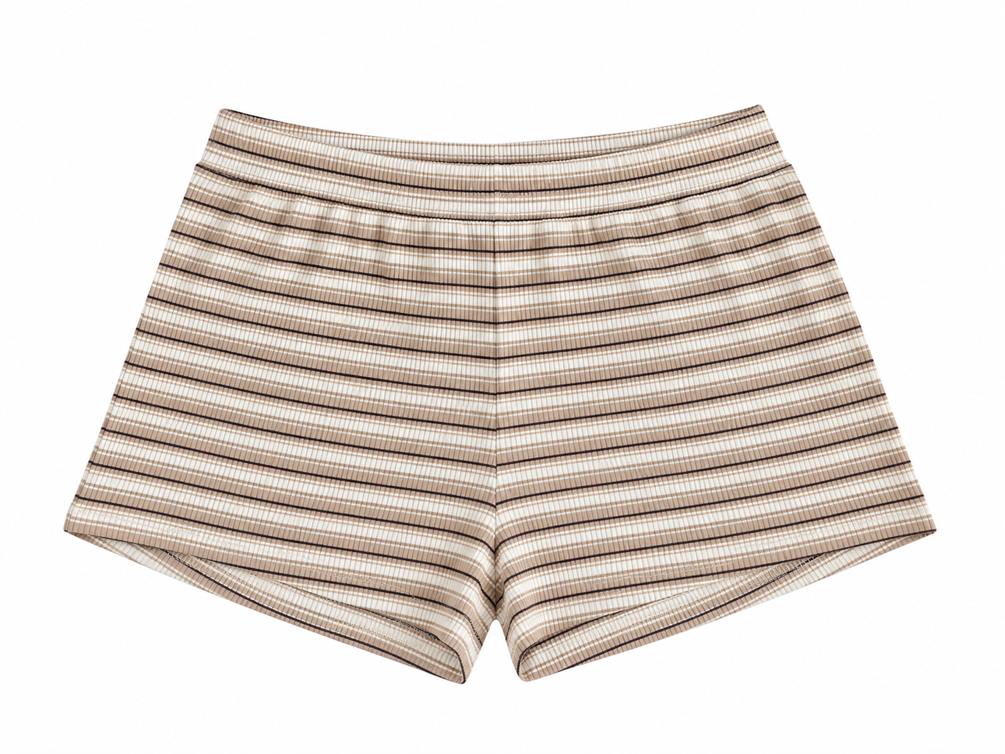 A pair of high-waisted shorts with a horizontal striped pattern in beige, brown, and white, shown flat against a white background.