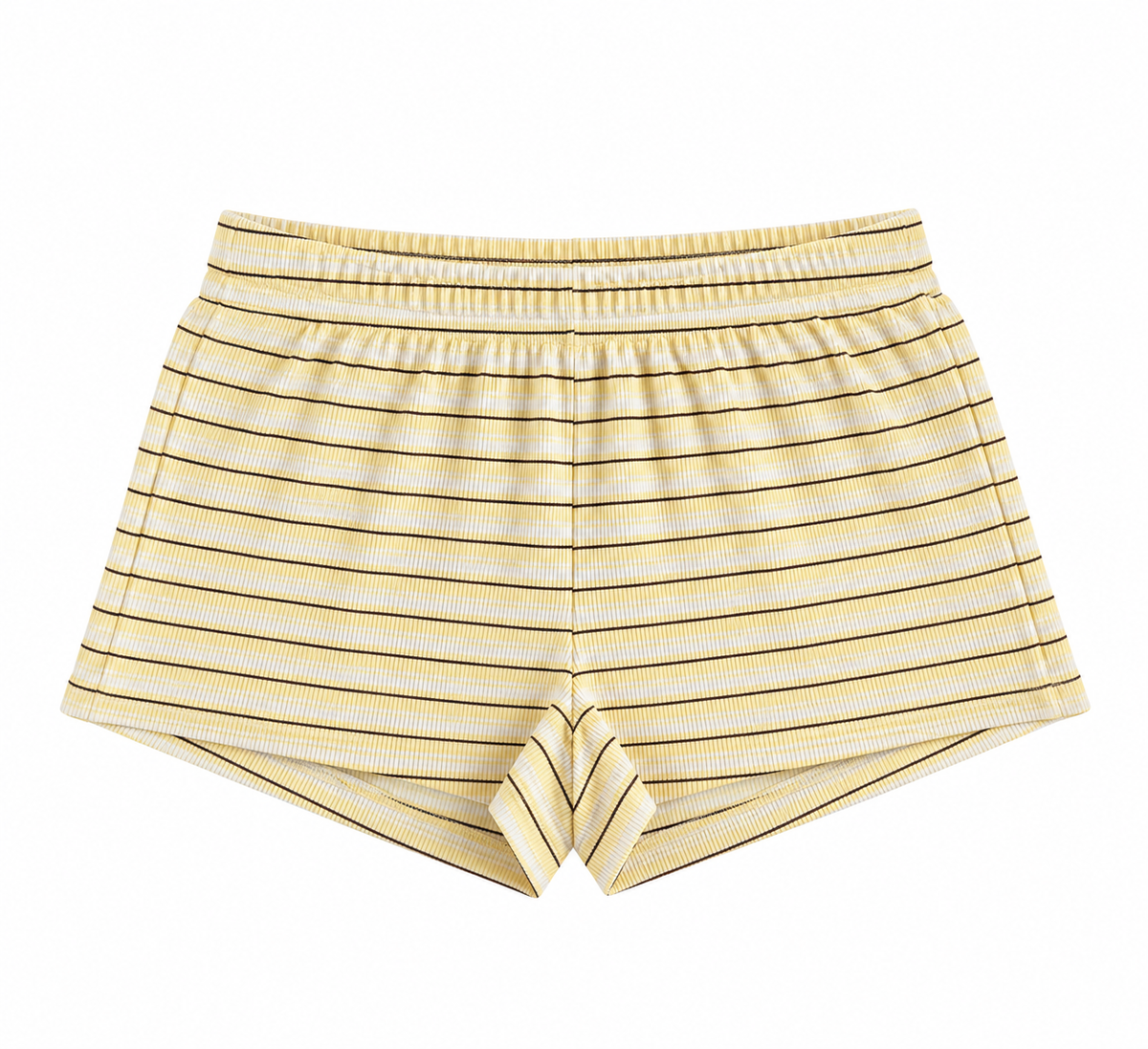 A pair of short featuring a horizontal stripe pattern in yellow and white, with thin black accent stripes, shown flat against a white background.