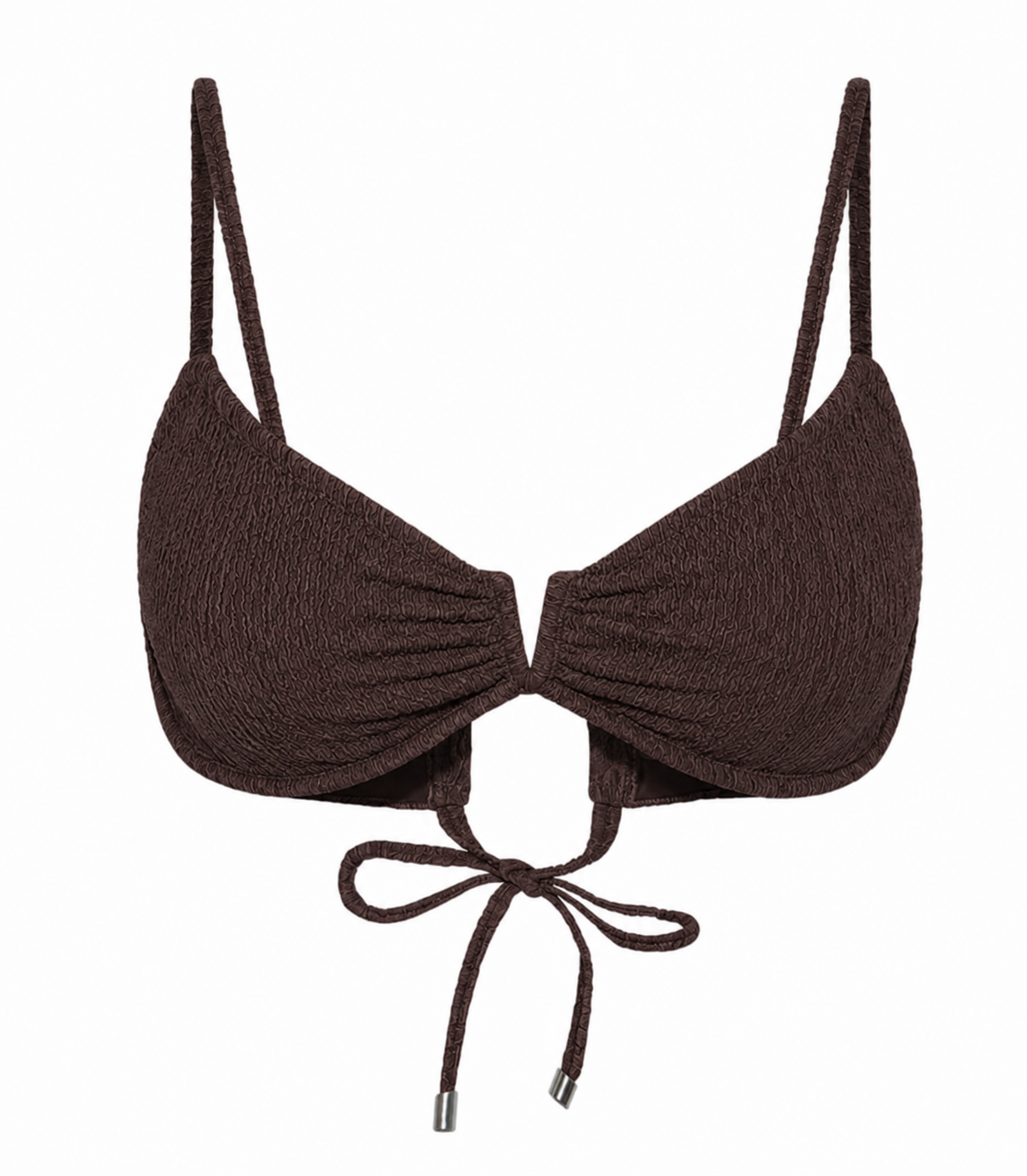 A dark brown textured supportive bikini top against a white background.