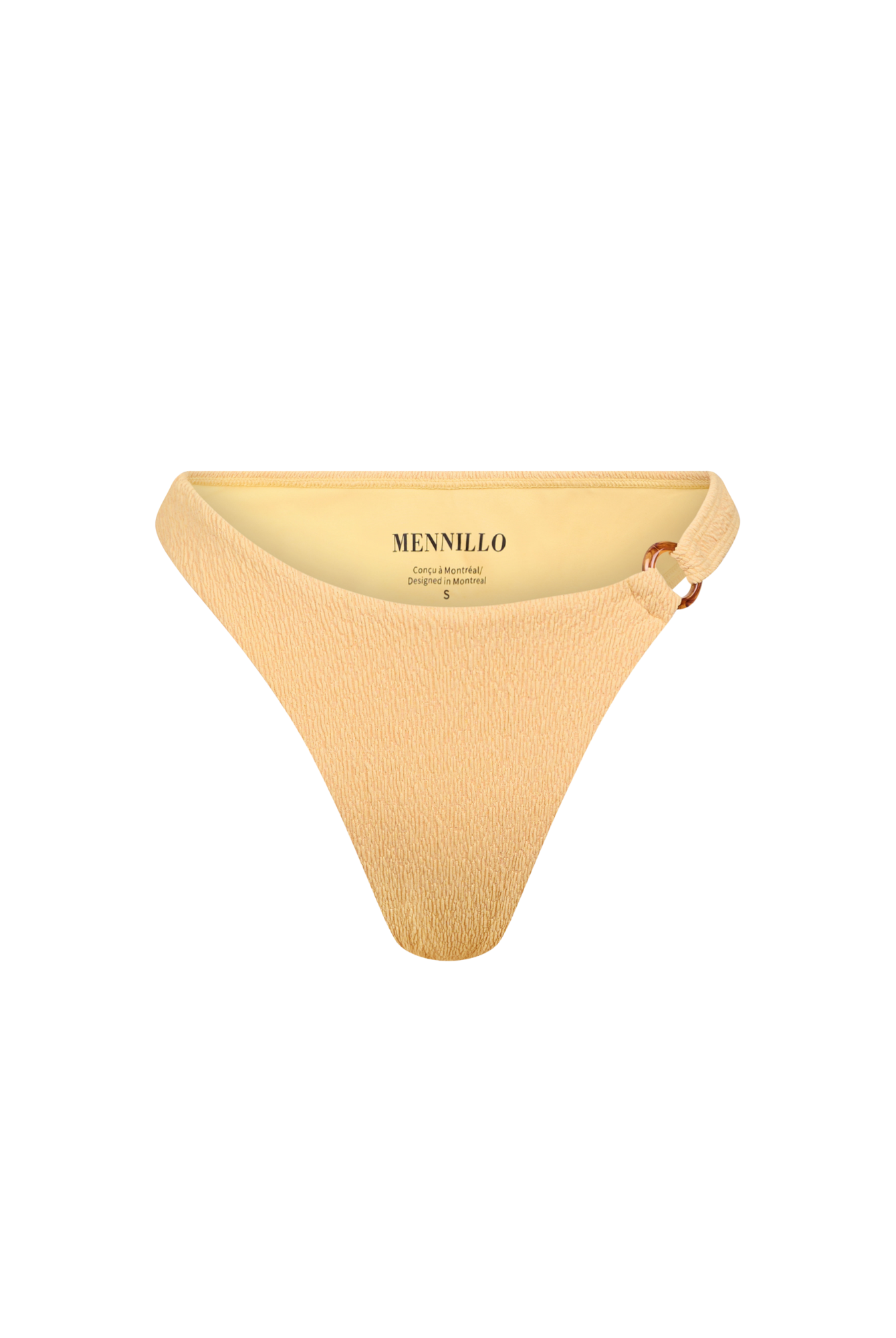 Yellow bikini bottom with 'Mennillo' branding on a white background