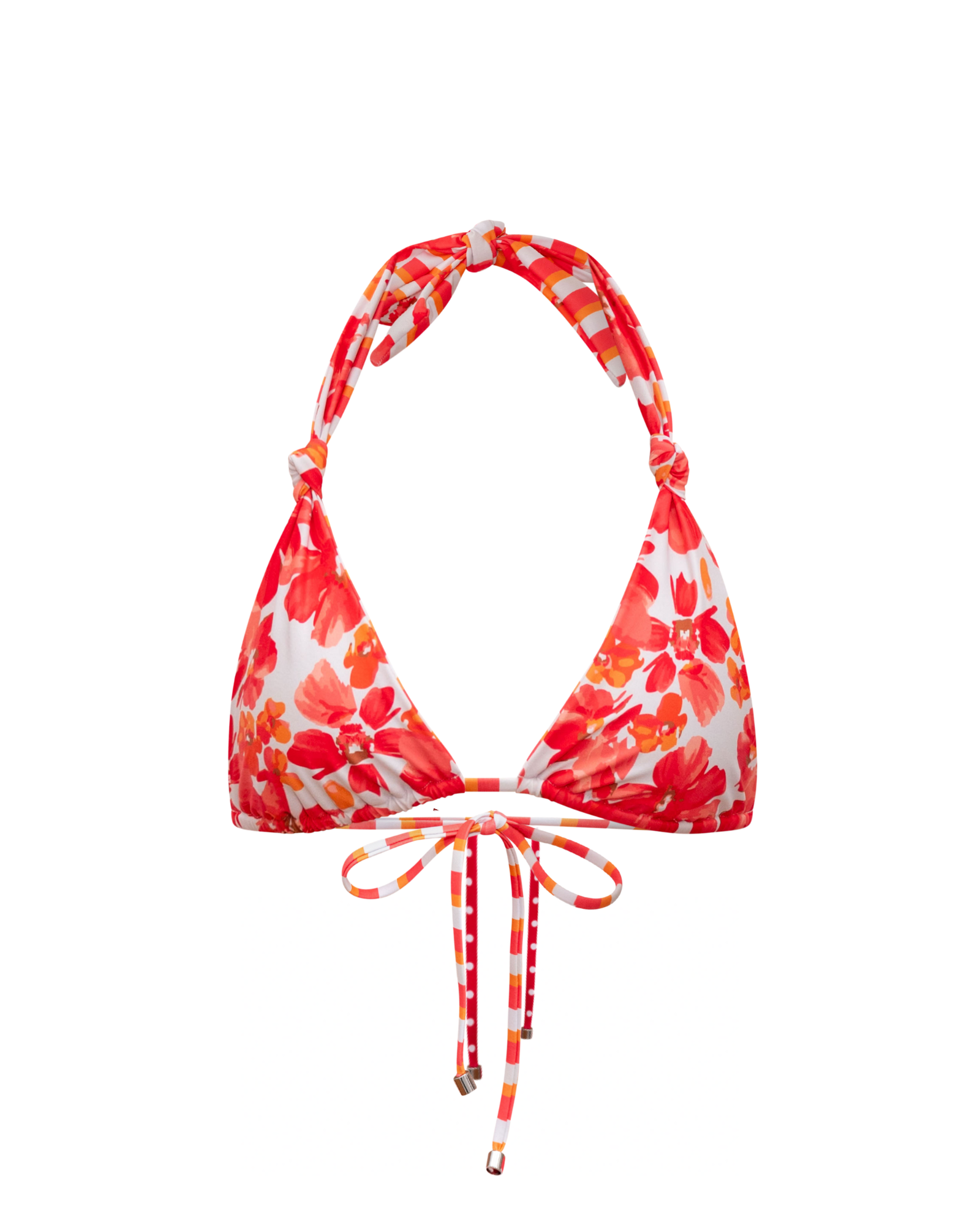 Reversible coral floral striped patterned reversible bikini top render on a white background