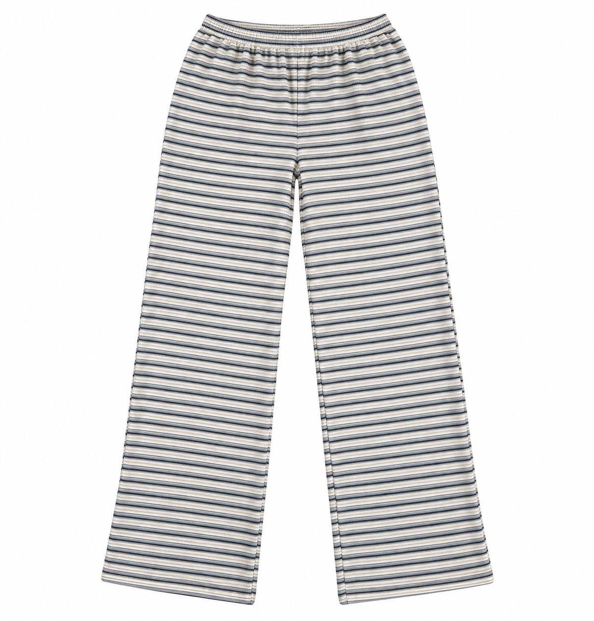 A pair of wide-leg pants featuring a horizontal striped pattern in gray and white, against a white background.