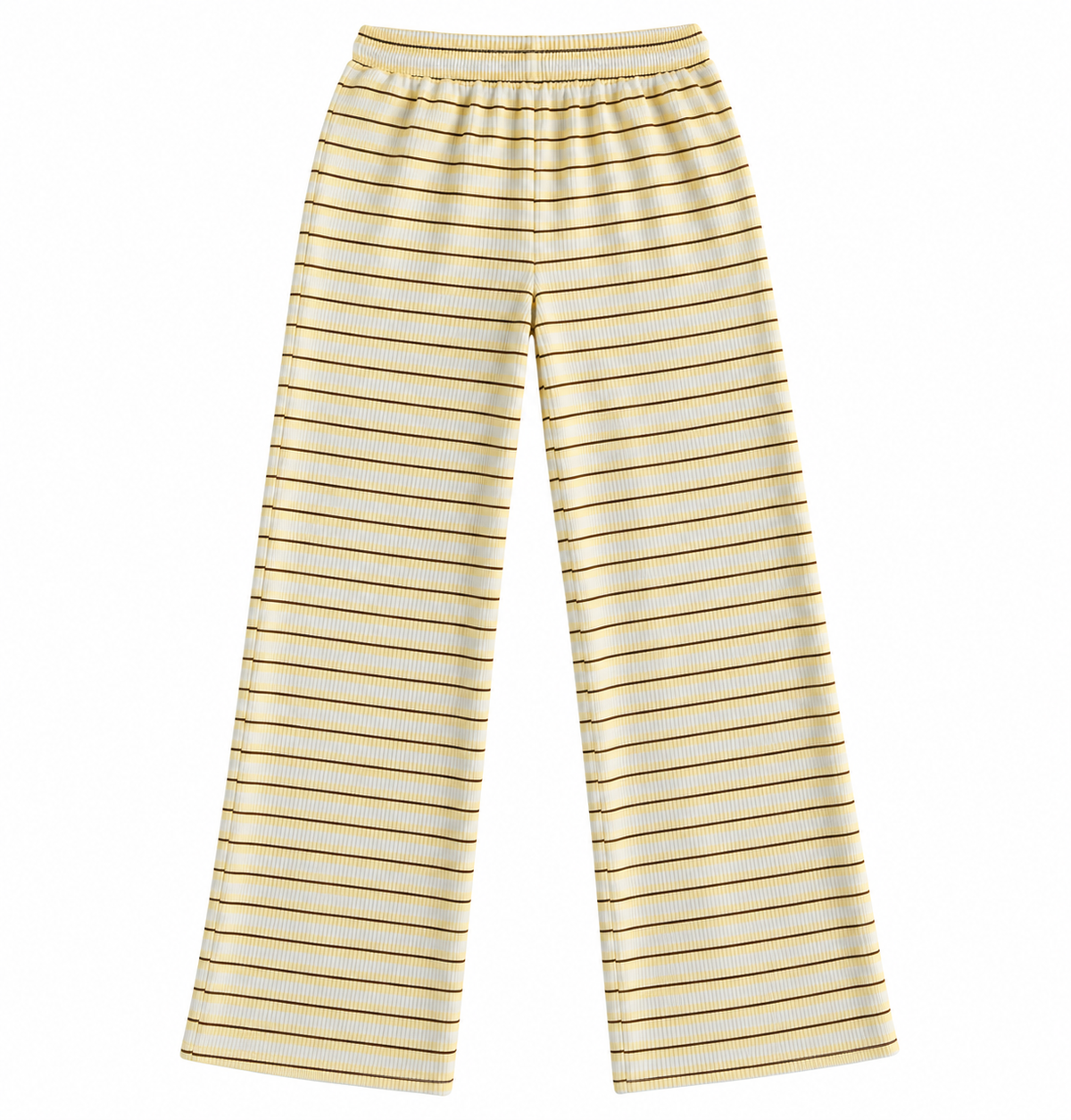 A pair of wide-leg pants featuring a horizontal striped pattern in yellow and white, displayed flat against a white background.