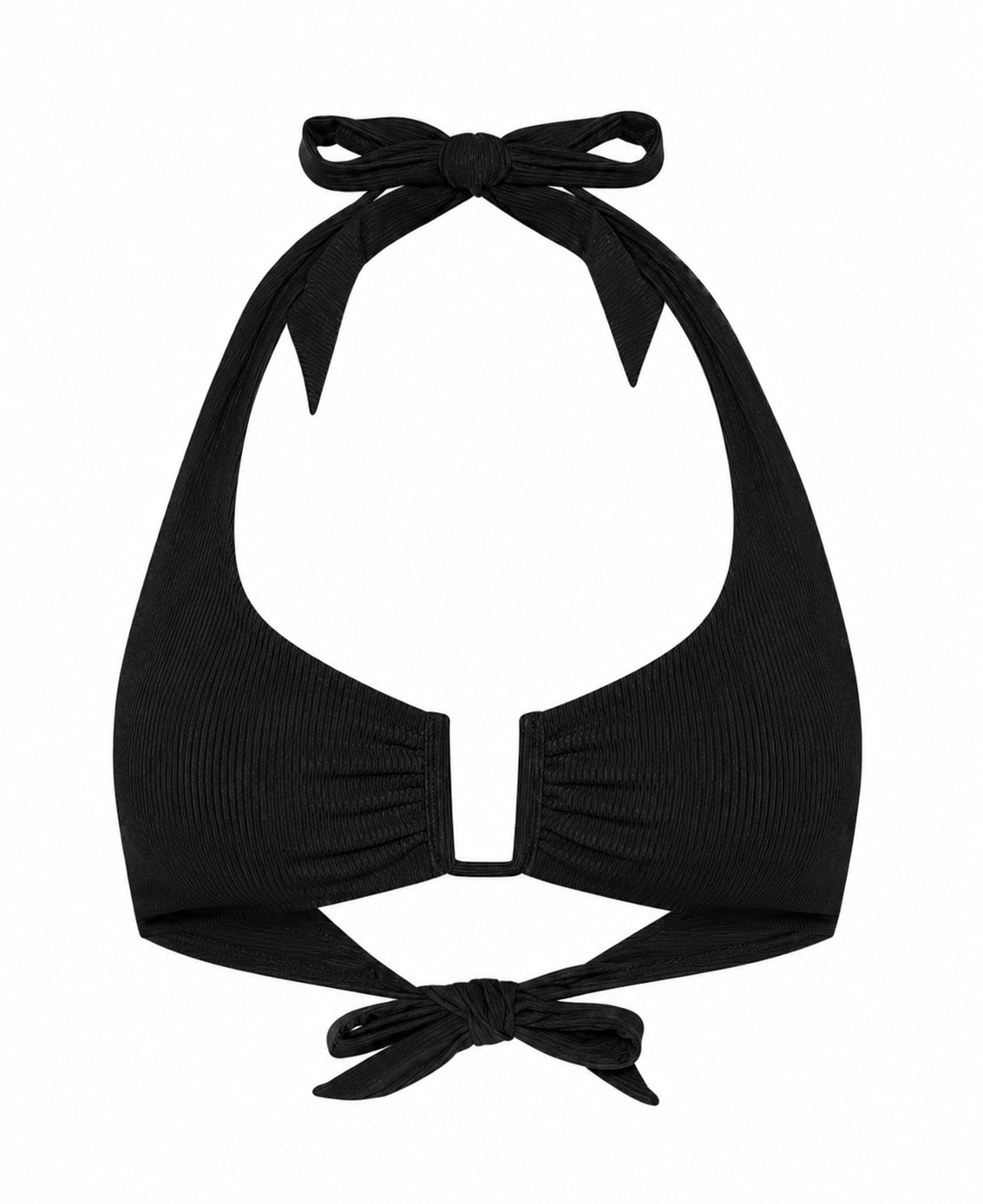 A black ribbed montreal bikini top against a solid white background.