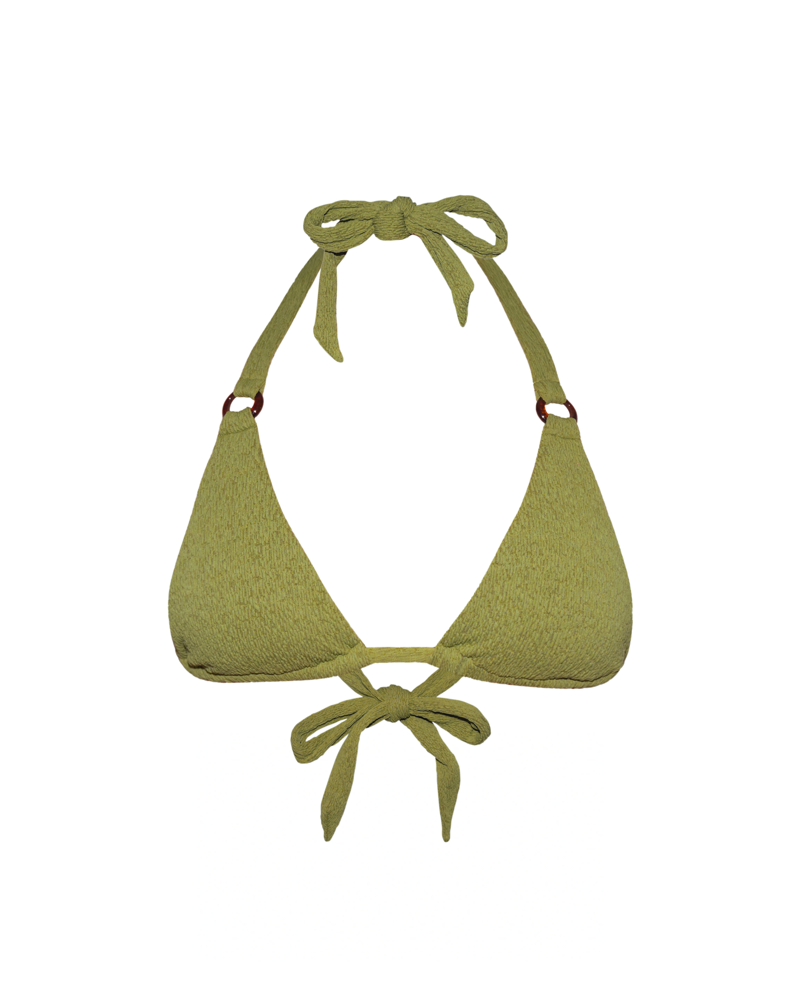 Green bikini top tied around the neck on a white background.