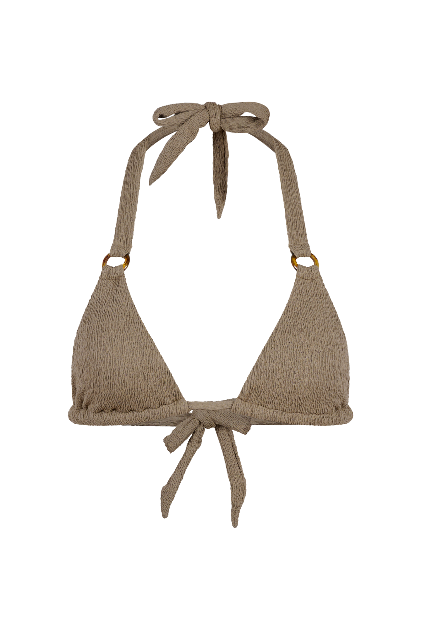 Beige bikini top with halter straps on a white background