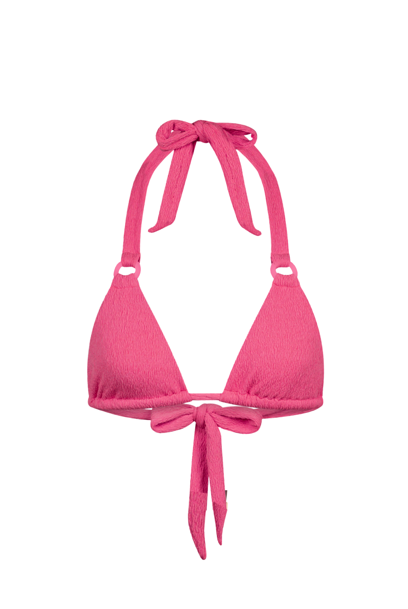Pink bikini top with tie straps on a white background